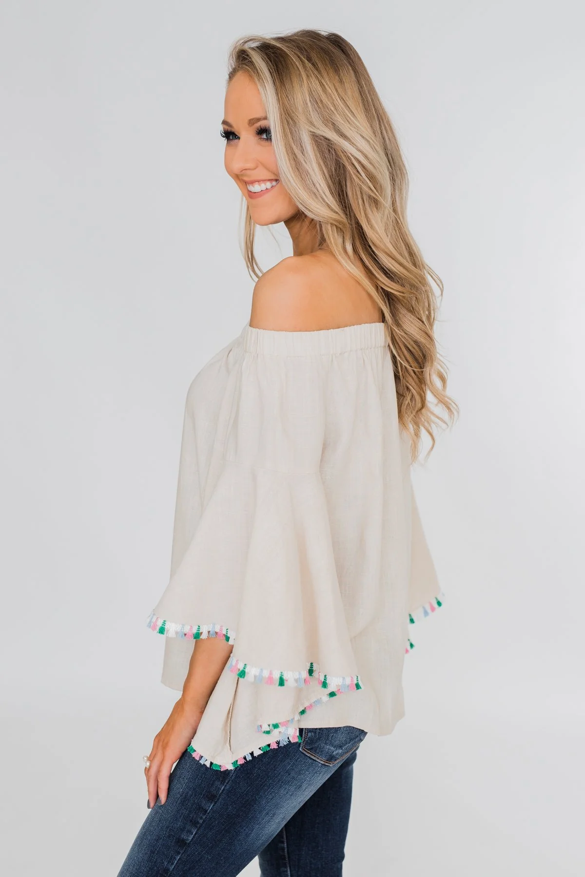 Come A Little Closer Off the Shoulder Top- Light Tan - Image 8