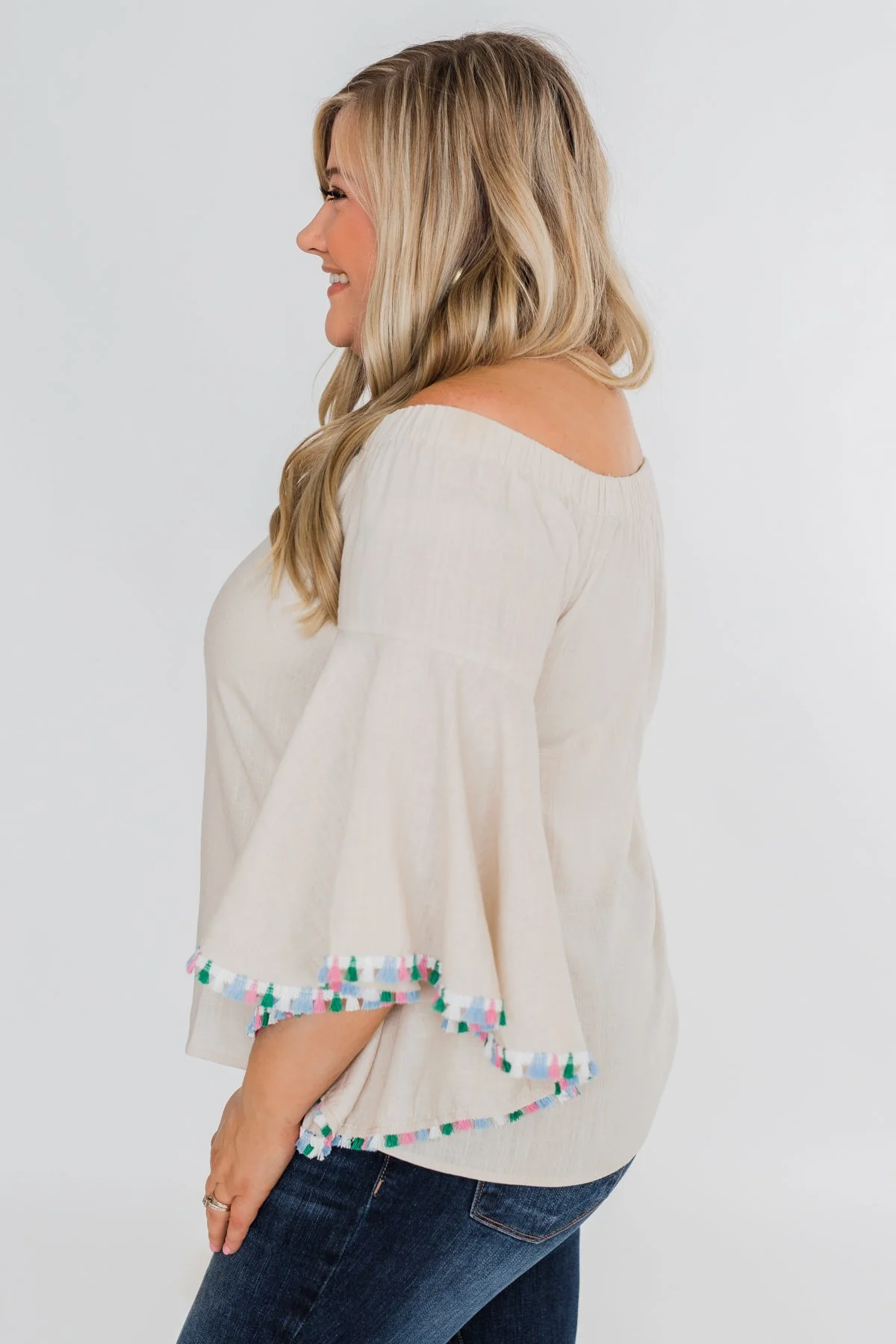 Come A Little Closer Off the Shoulder Top- Light Tan - Image 9