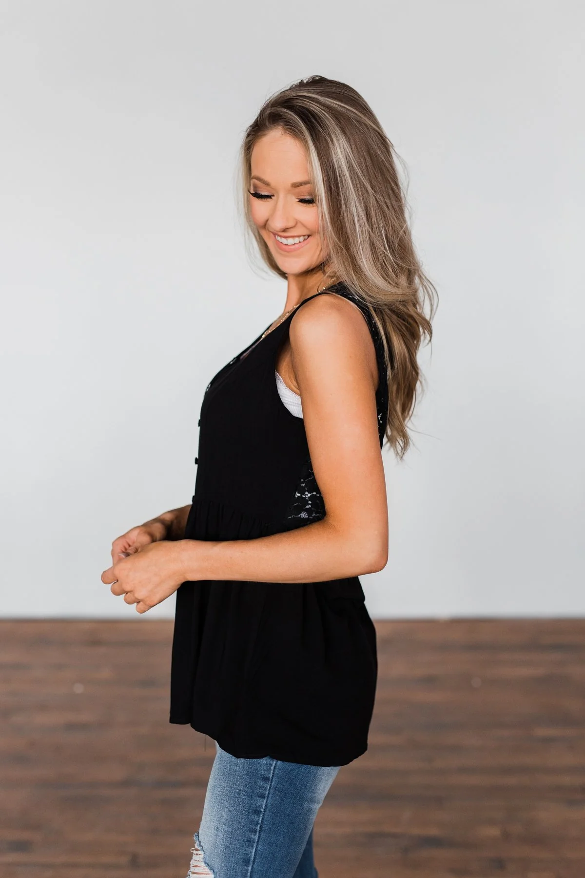 Come Back To Me Button Tank Top- Black - Image 4