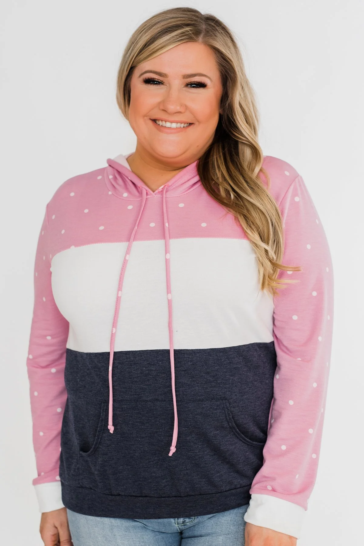 Come With Me Polka Dot Color Block Hoodie- Pink & Navy - Image 7