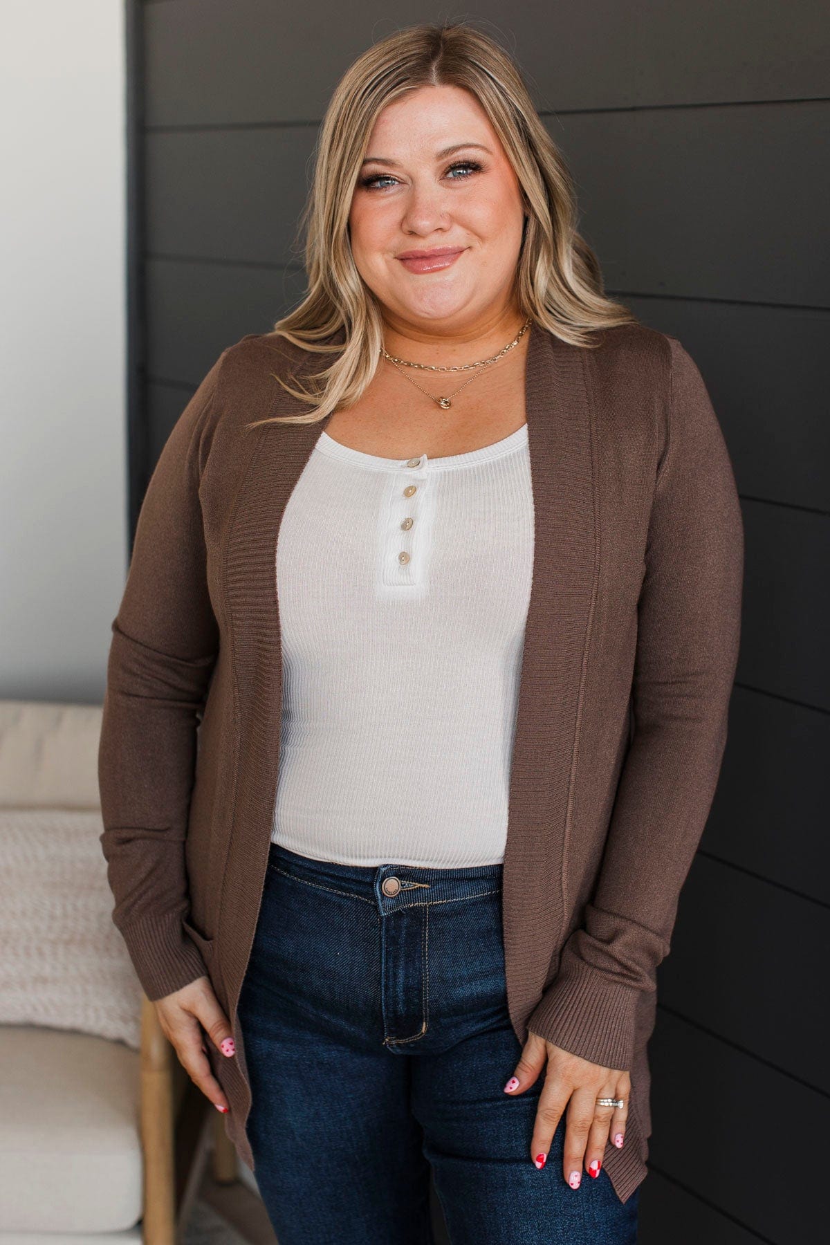 Comfortable With Myself Knit Cardigan- Cocoa - Image 3