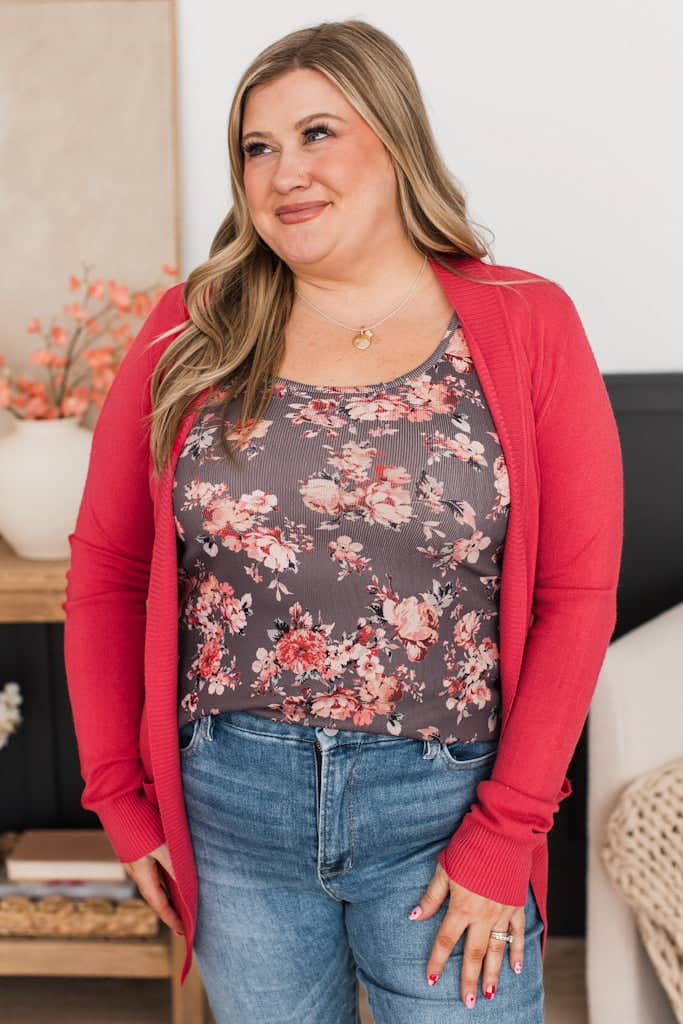 Comfortable With Myself Knit Cardigan- Coral Red - Image 2
