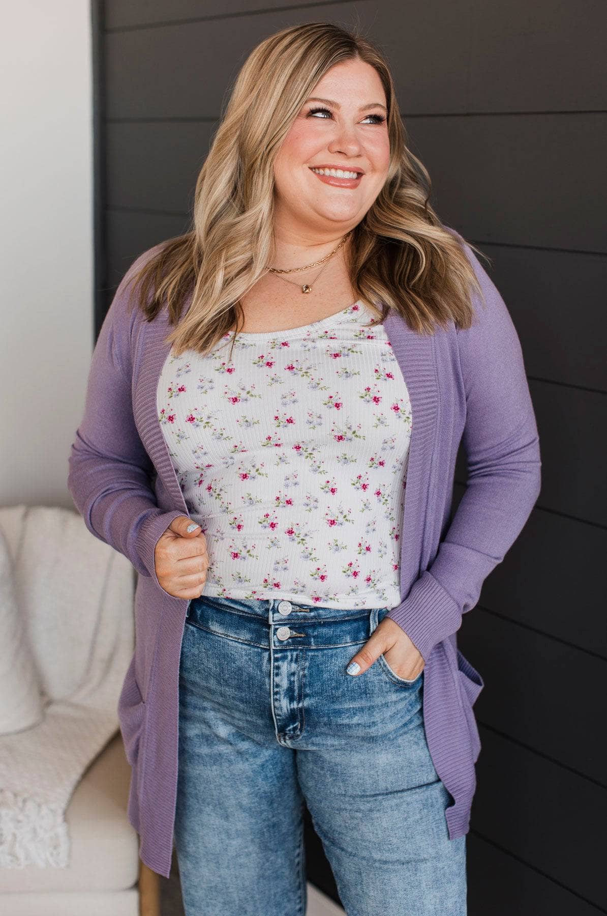 Comfortable With Myself Knit Cardigan- Dark Lavender - Image 4
