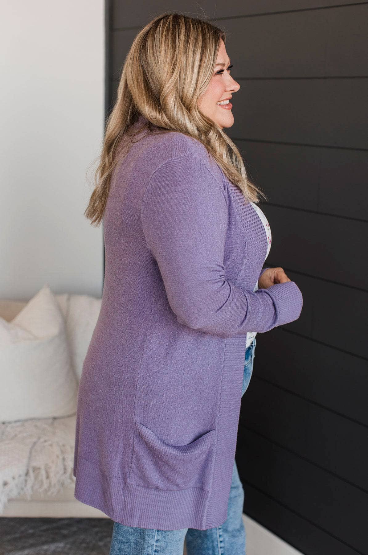 Comfortable With Myself Knit Cardigan- Dark Lavender - Image 6
