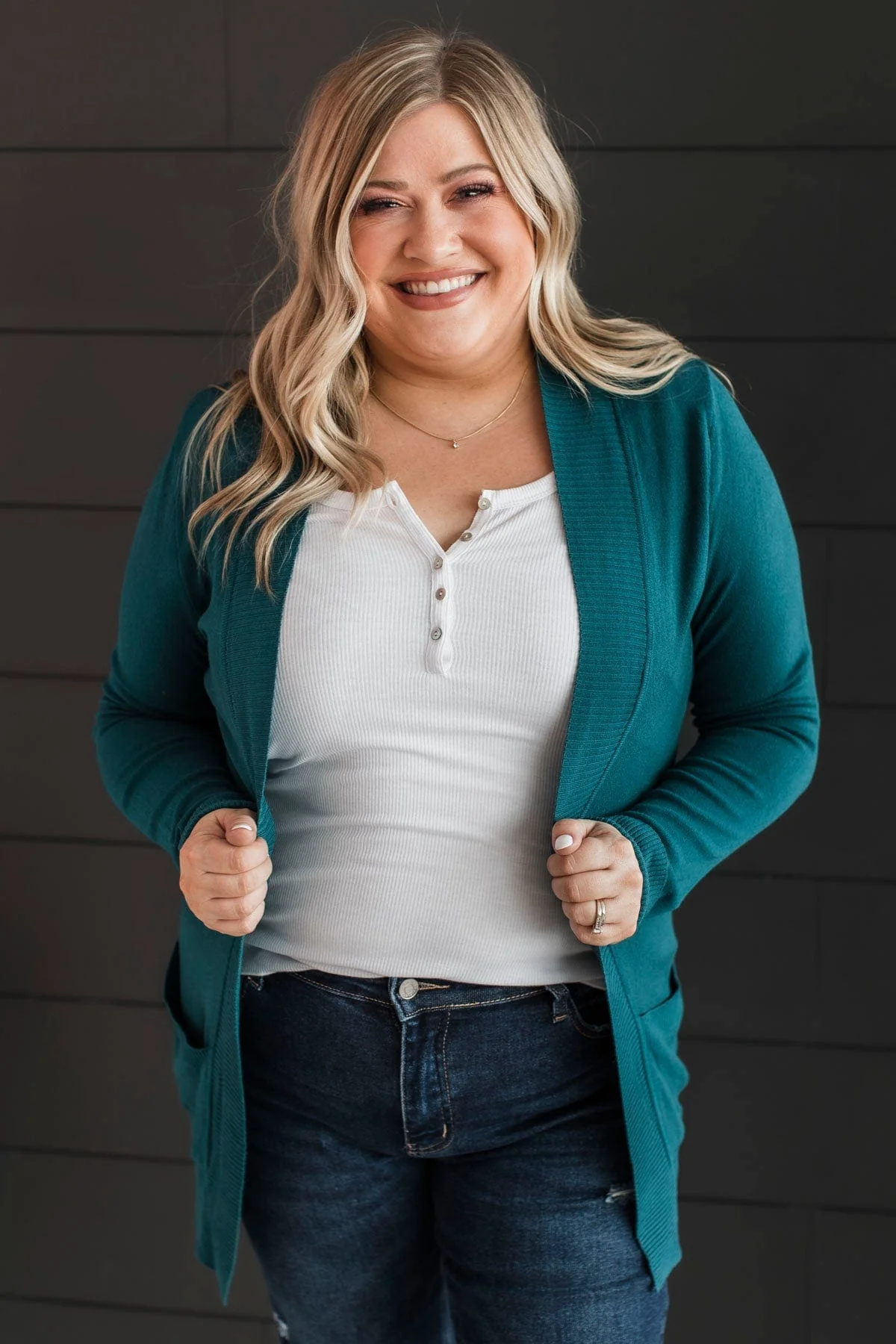 Comfortable With Myself Knit Cardigan- Dark Teal - Image 4