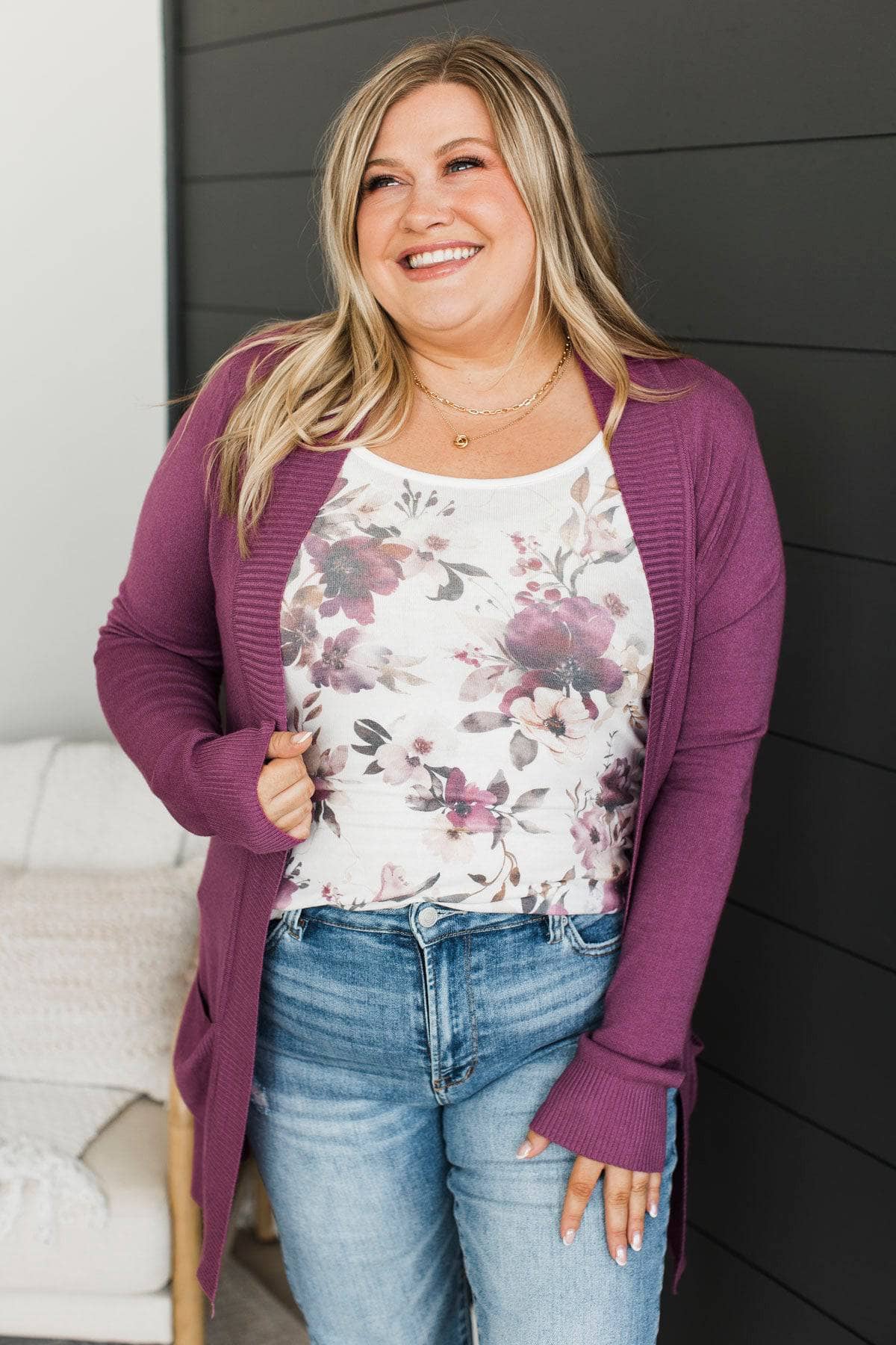 Comfortable With Myself Knit Cardigan- Deep Orchid - Image 2