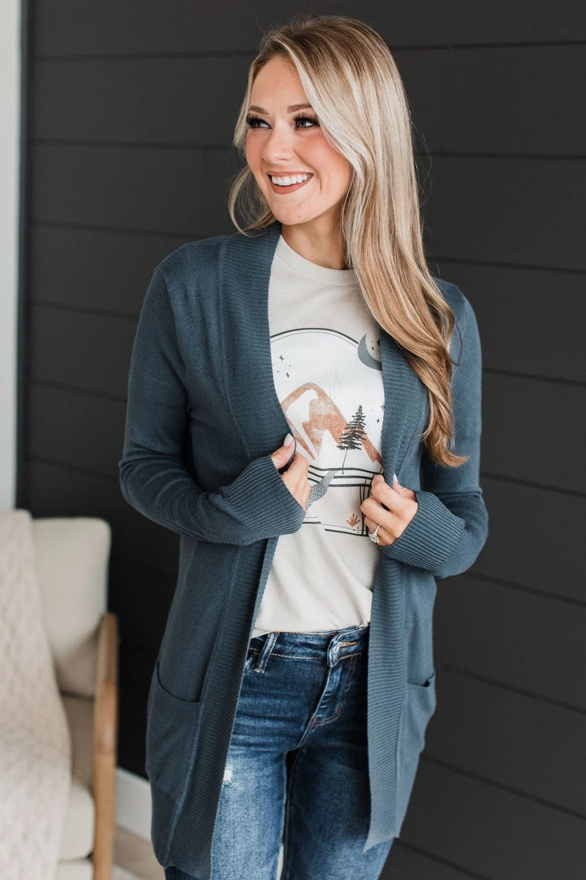 Comfortable With Myself Knit Cardigan- Dusty Denim - Image 2
