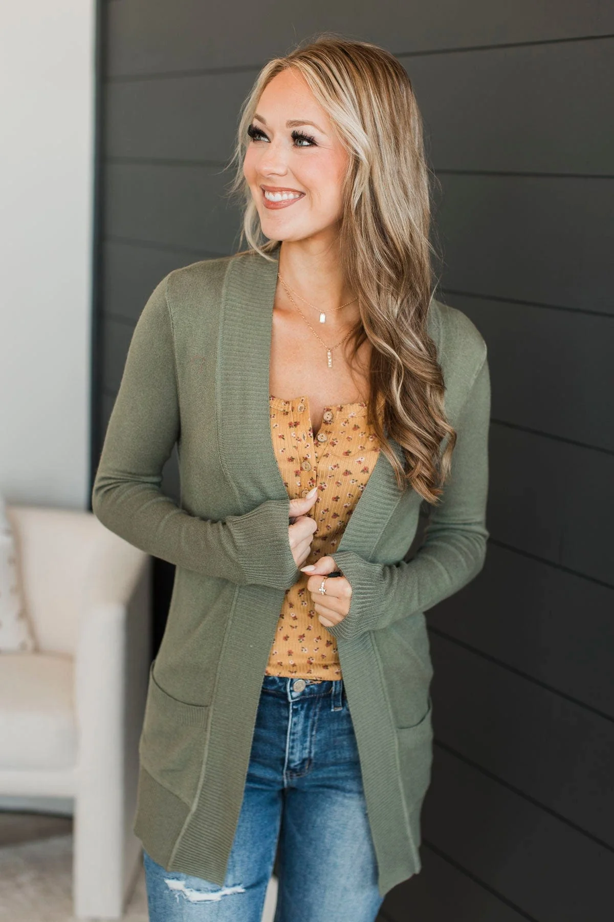 Comfortable With Myself Knit Cardigan- Dusty Olive - Image 3