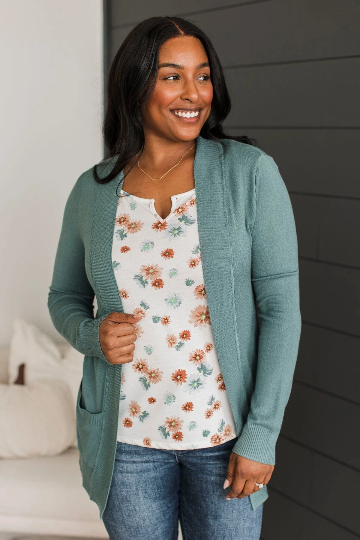 Comfortable With Myself Knit Cardigan- Dusty Teal - Image 2