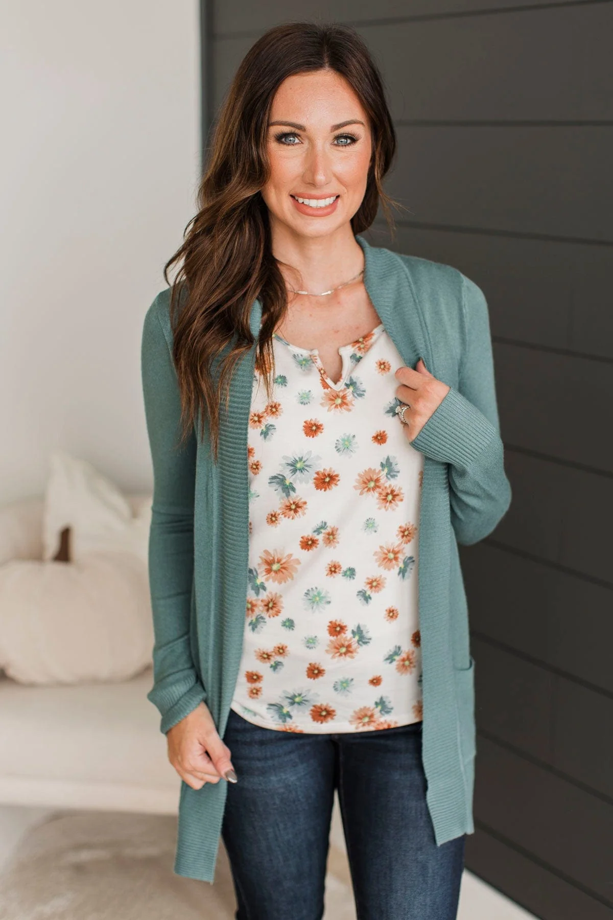 Comfortable With Myself Knit Cardigan- Dusty Teal - Image 3