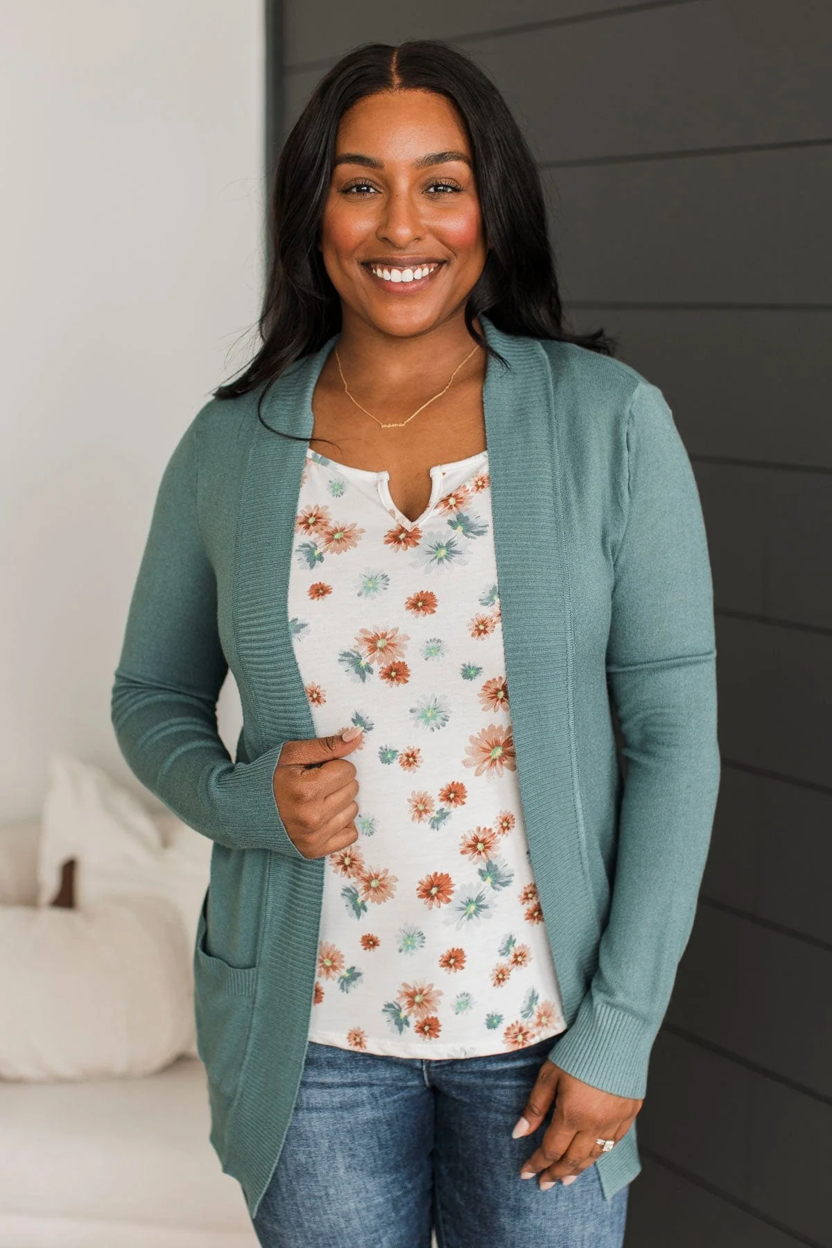 Comfortable With Myself Knit Cardigan- Dusty Teal - Image 4