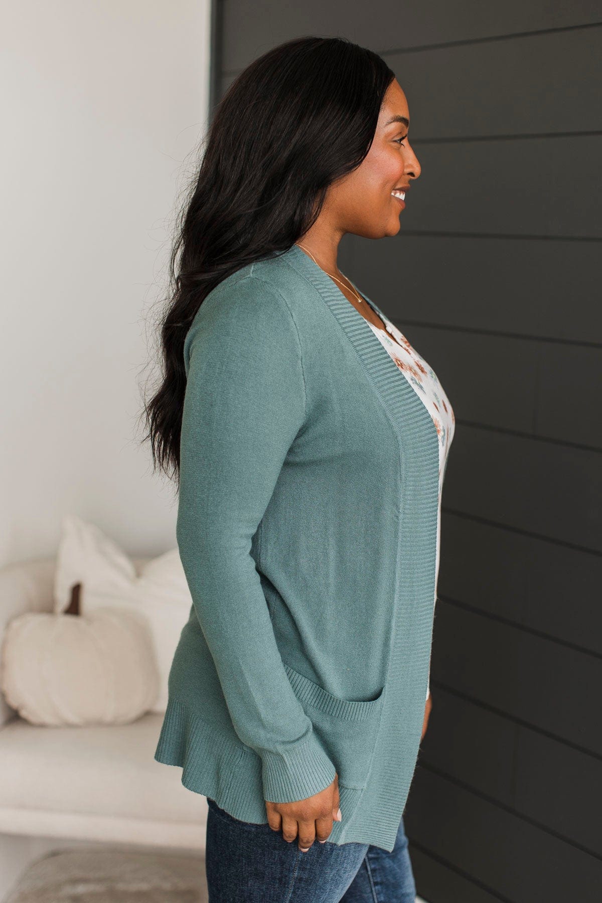 Comfortable With Myself Knit Cardigan- Dusty Teal - Image 6