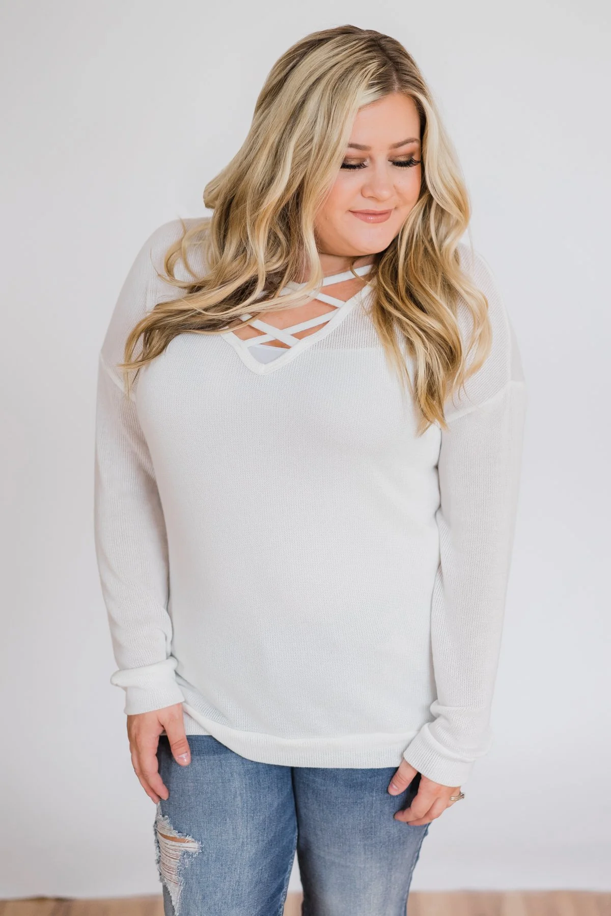 Comfy Knit Criss Cross Long Sleeve Top- Ivory - Image 3