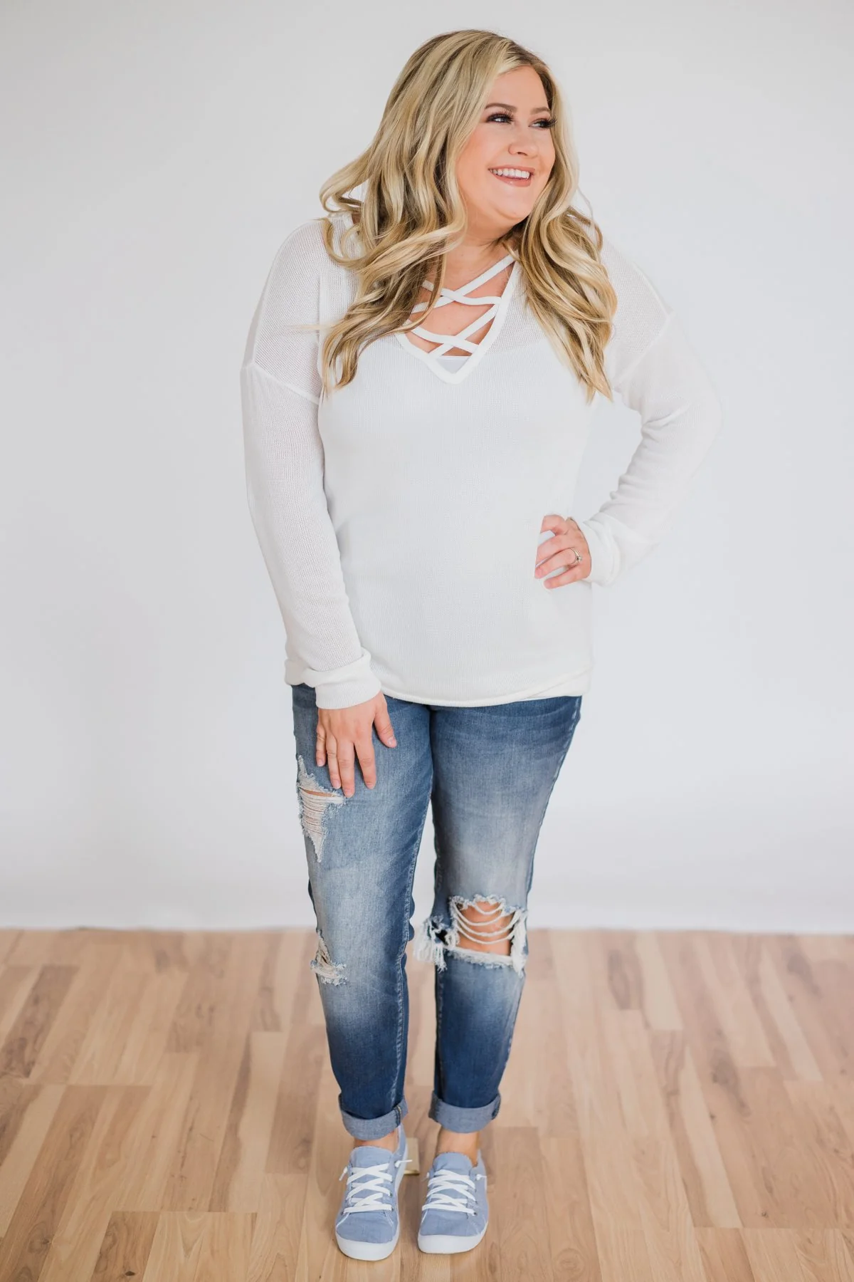 Comfy Knit Criss Cross Long Sleeve Top- Ivory - Image 5