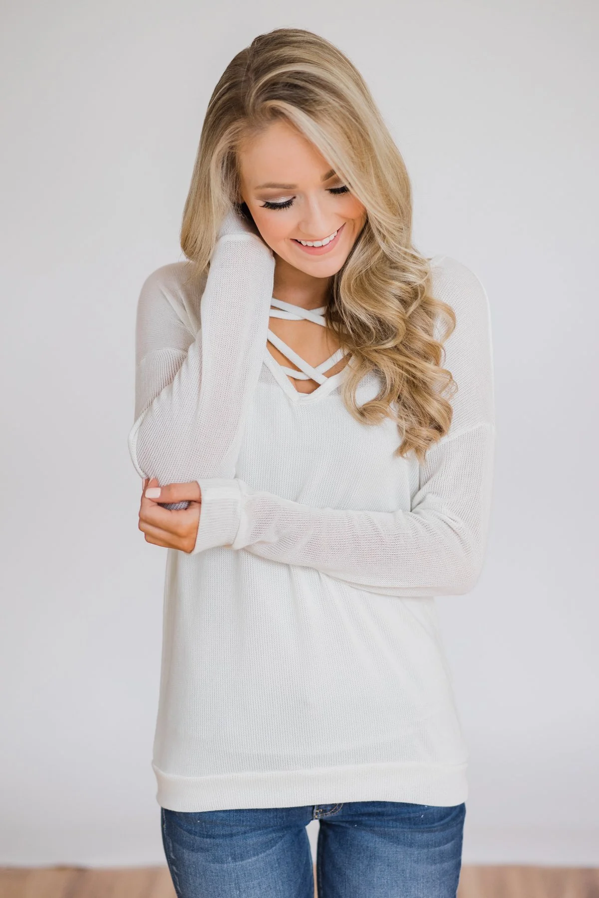 Comfy Knit Criss Cross Long Sleeve Top- Ivory - Image 6