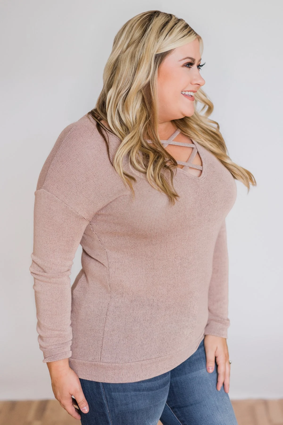 Comfy Knit Criss Cross Long Sleeve Top- Taupe - Image 3
