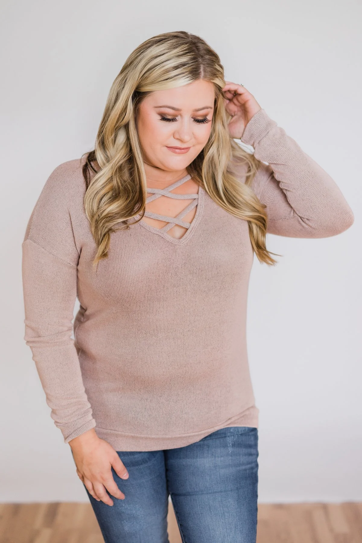 Comfy Knit Criss Cross Long Sleeve Top- Taupe - Image 4