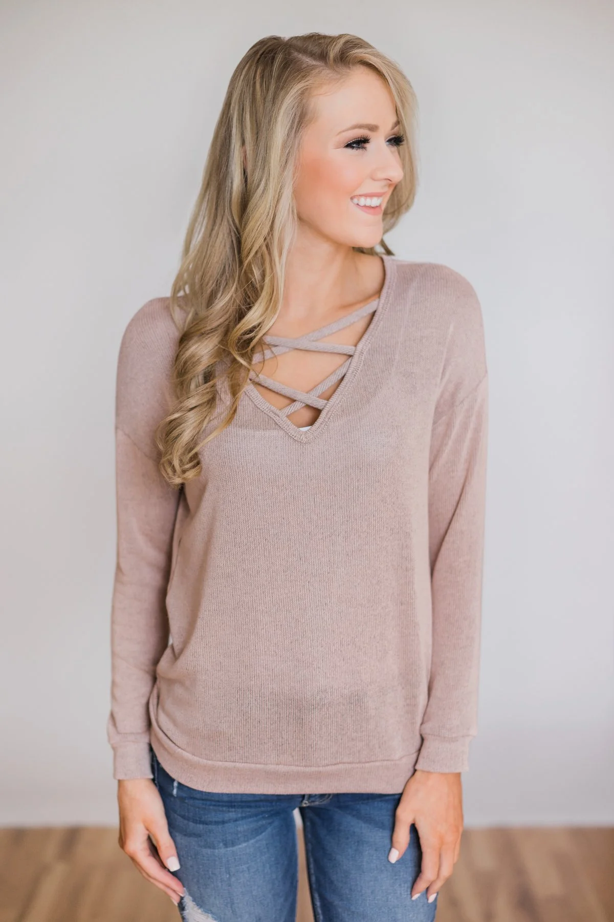 Comfy Knit Criss Cross Long Sleeve Top- Taupe - Image 8