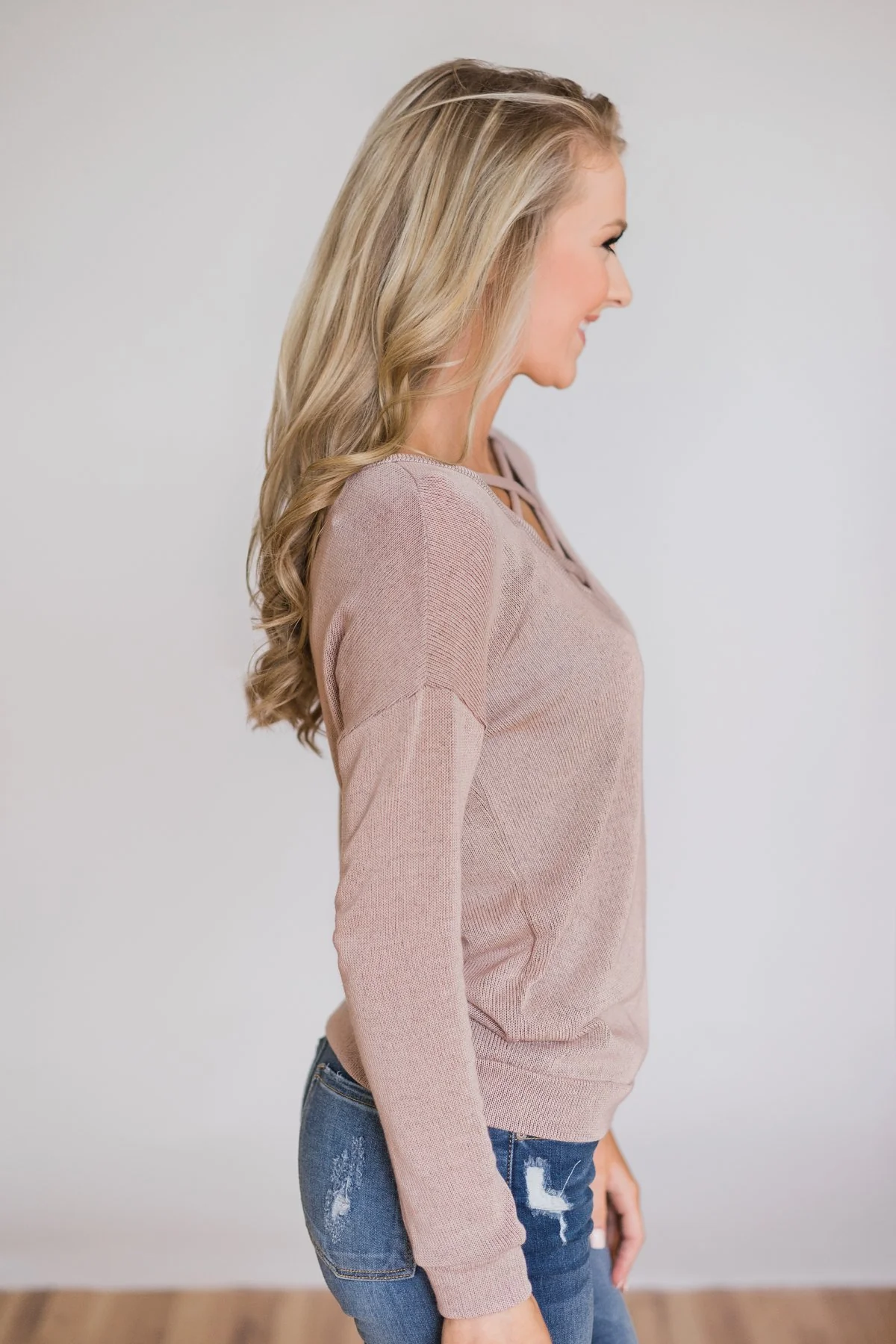 Comfy Knit Criss Cross Long Sleeve Top- Taupe - Image 9