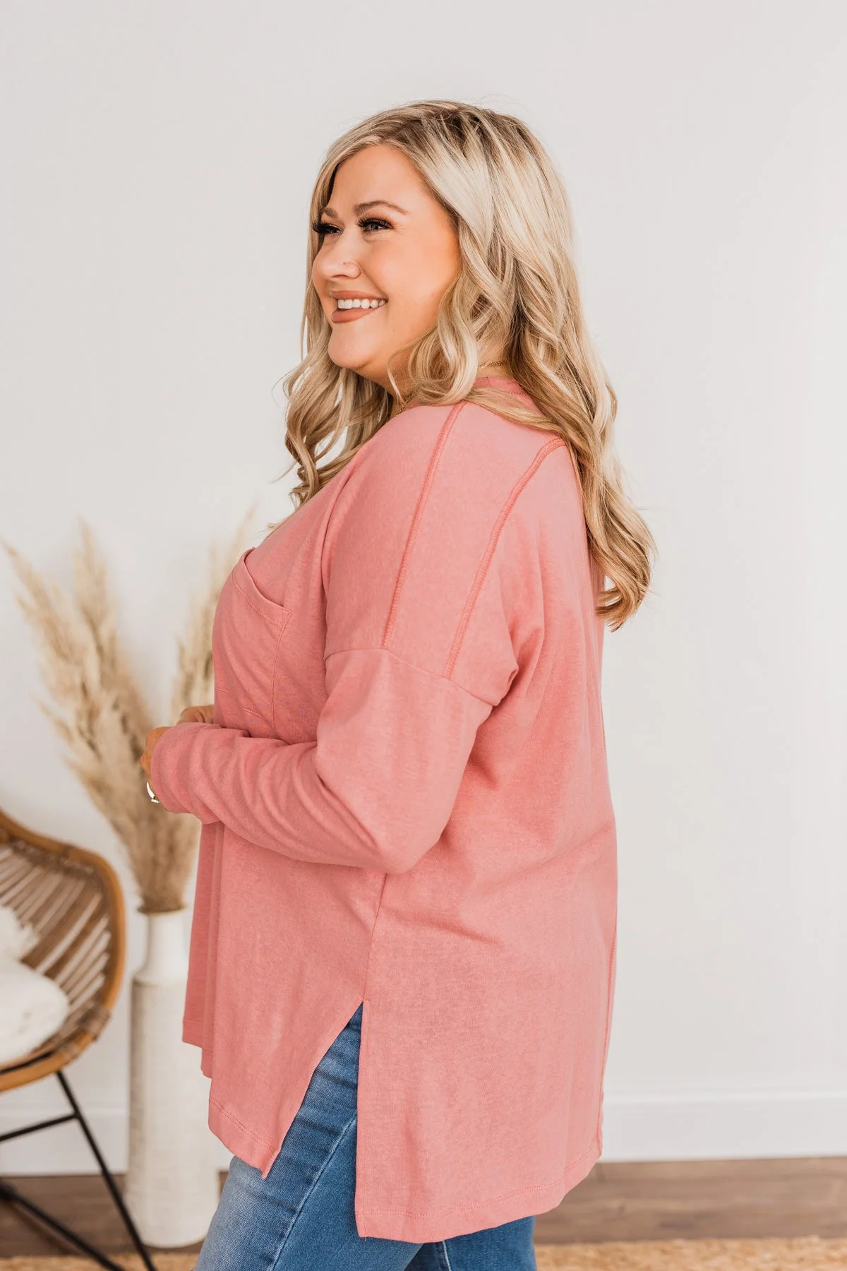 Comfy & Stylish Long Sleeve Pocket Top- Berry - Image 5