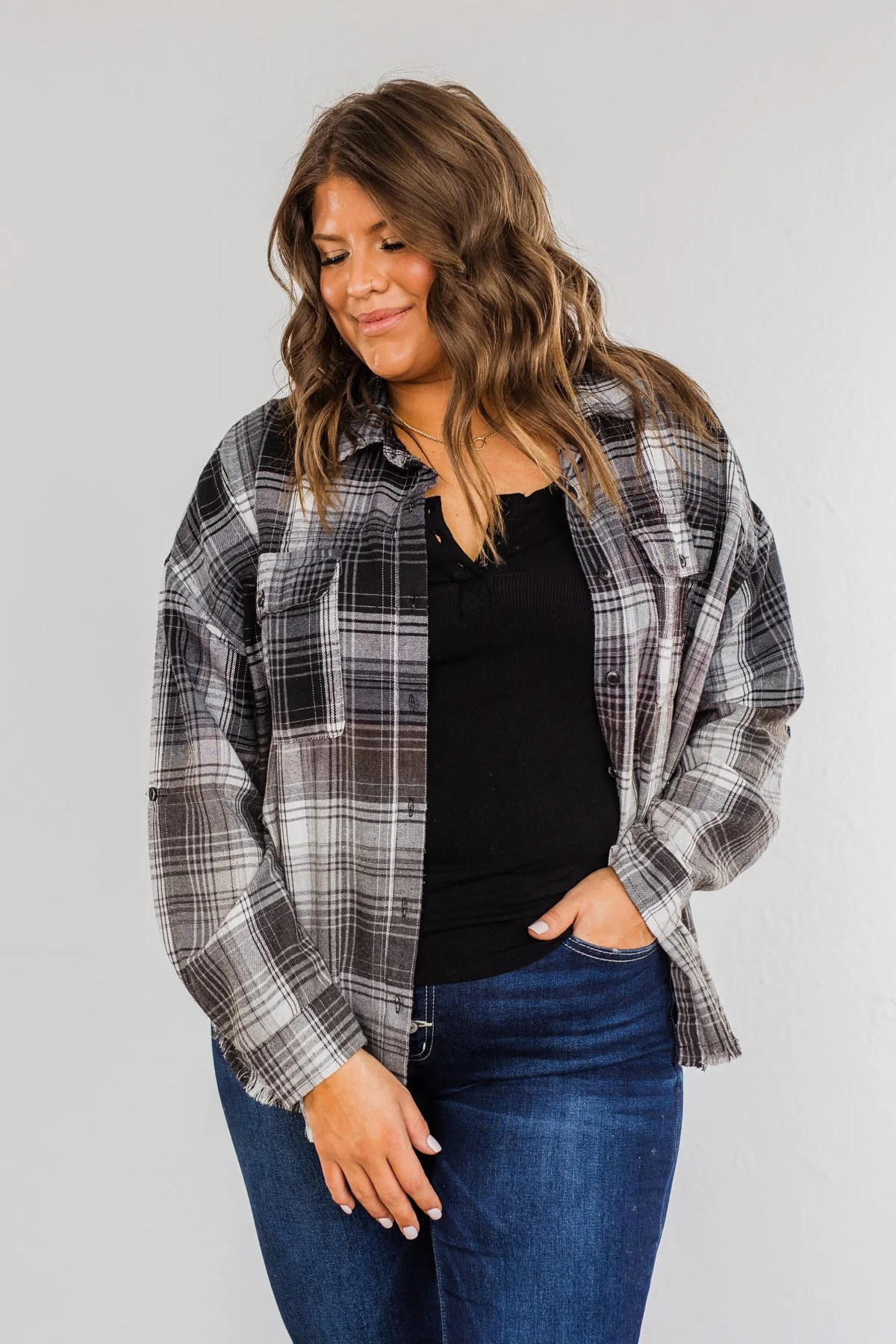 Coming Through Frayed Plaid Top- Grey & Black - Image 6