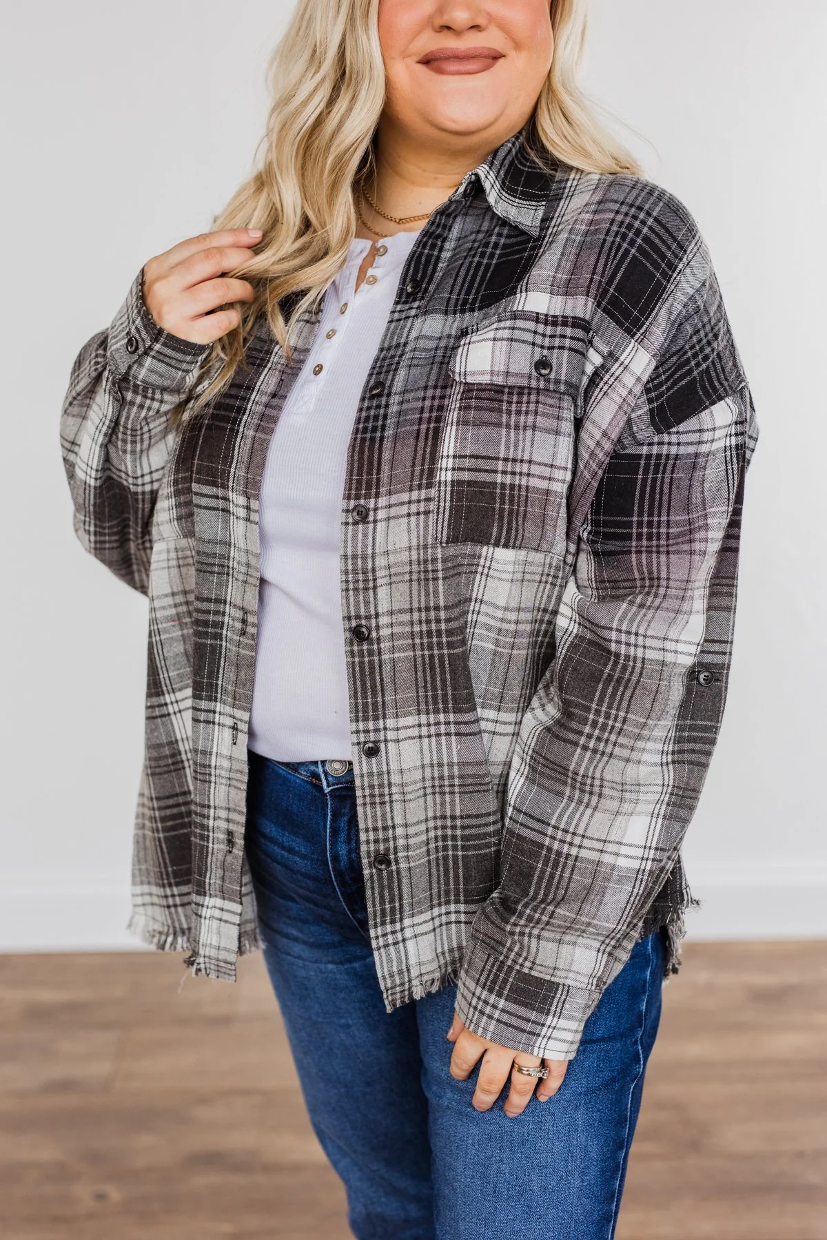 Coming Through Frayed Plaid Top- Grey & Black - Image 7