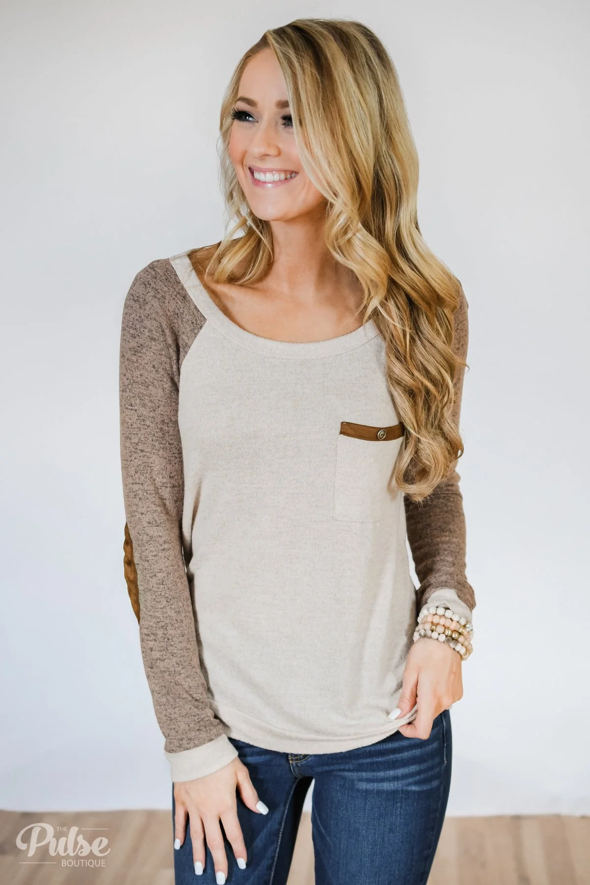 Compass To You Elbow Patch Top- Oatmeal & Mocha - Image 2