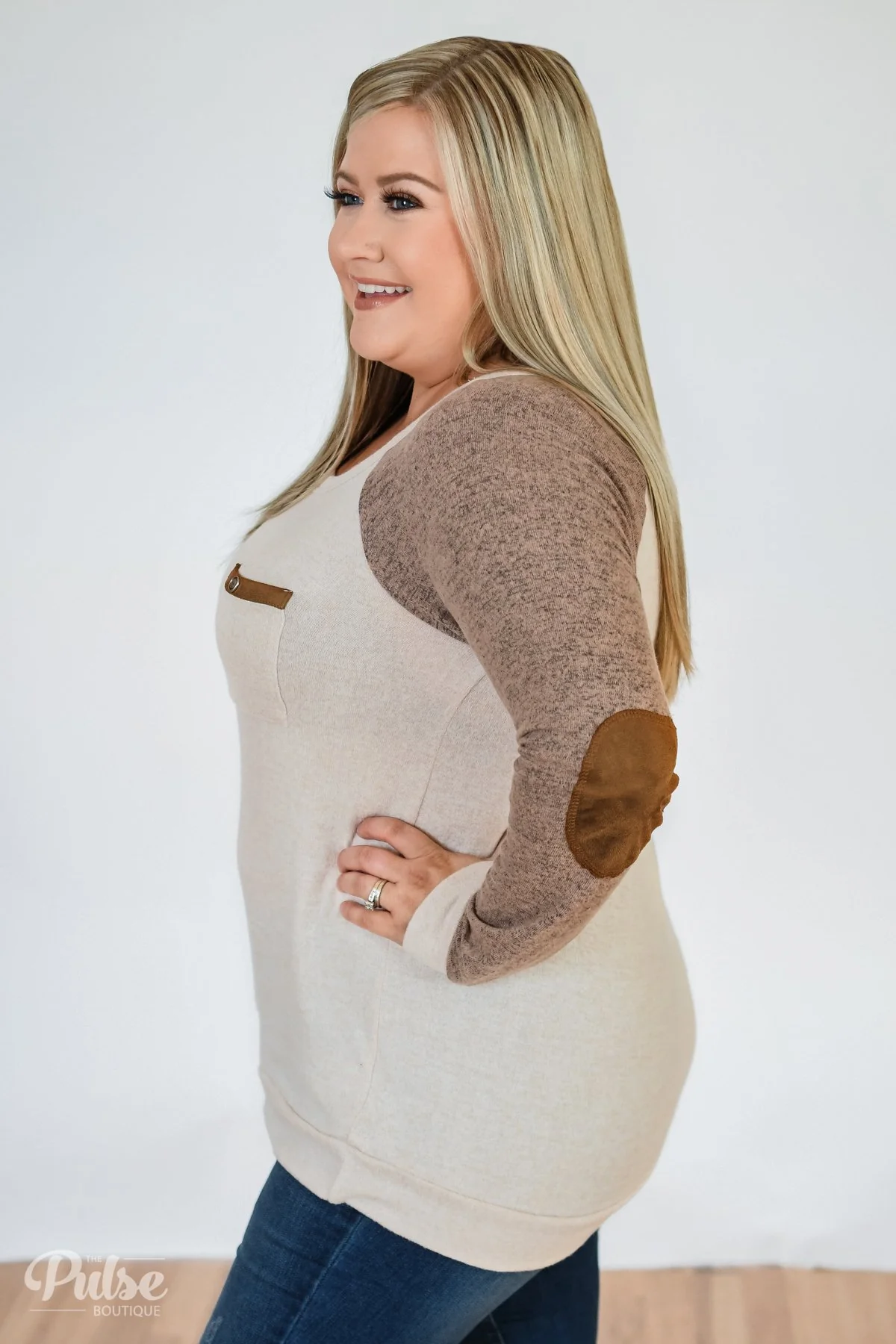 Compass To You Elbow Patch Top- Oatmeal & Mocha - Image 6