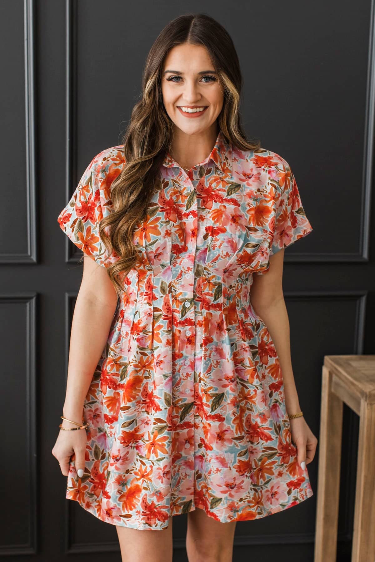 Compelling Smiles Pleated Floral Shirt Dress- Poppy