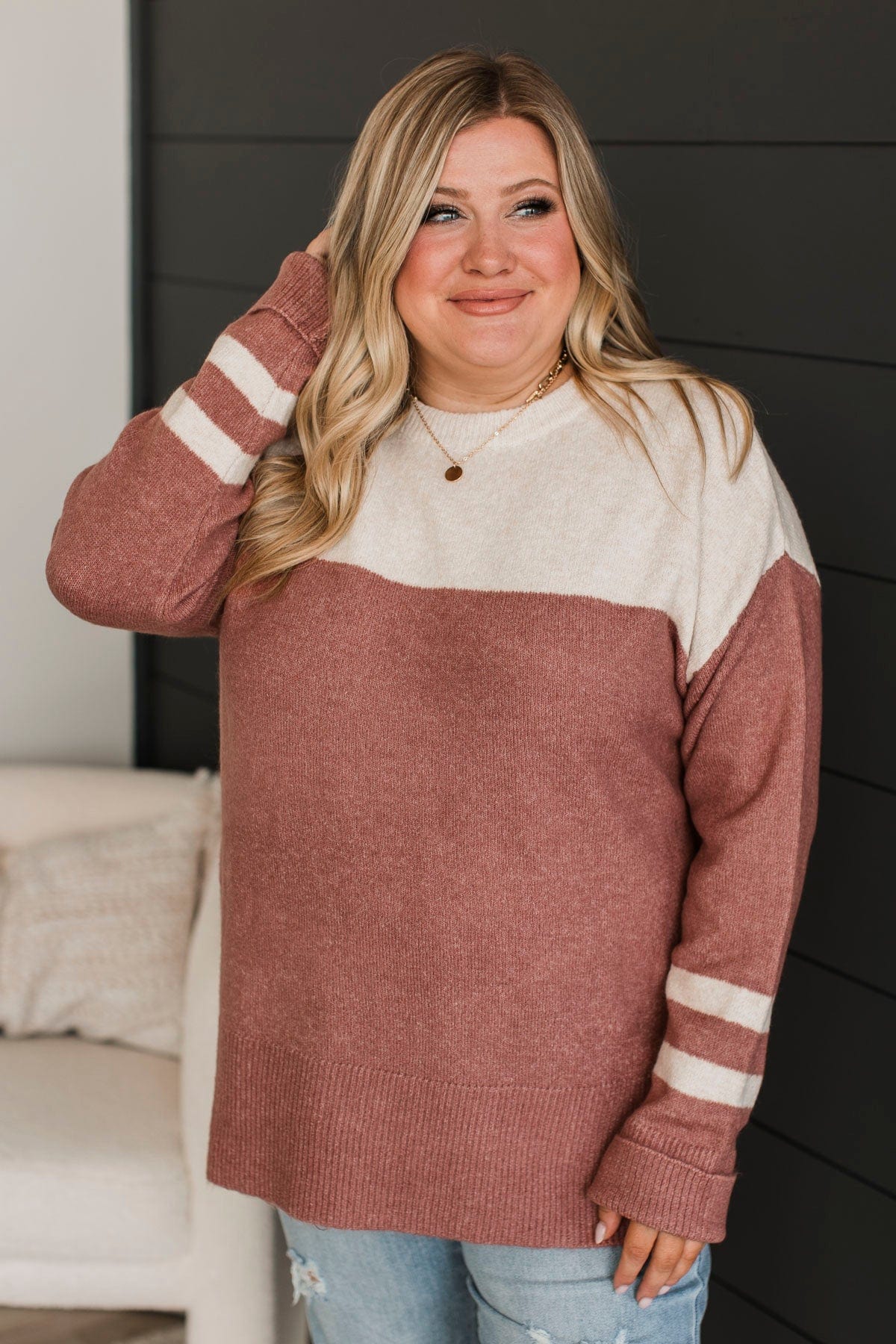Complete Bliss Color Block Knit Sweater- Rose - Image 4
