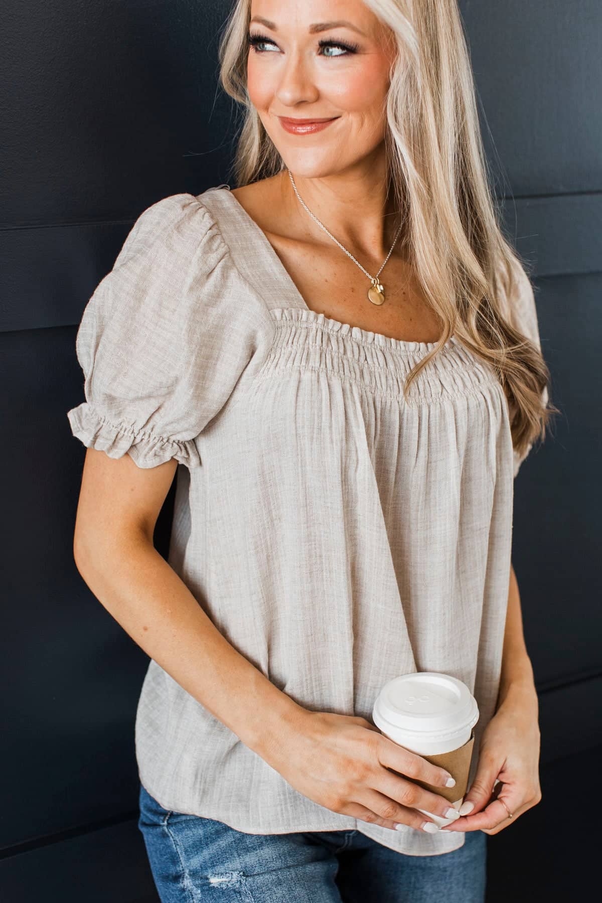 Complete Euphoria Puff Sleeve Top- Oatmeal - Image 3