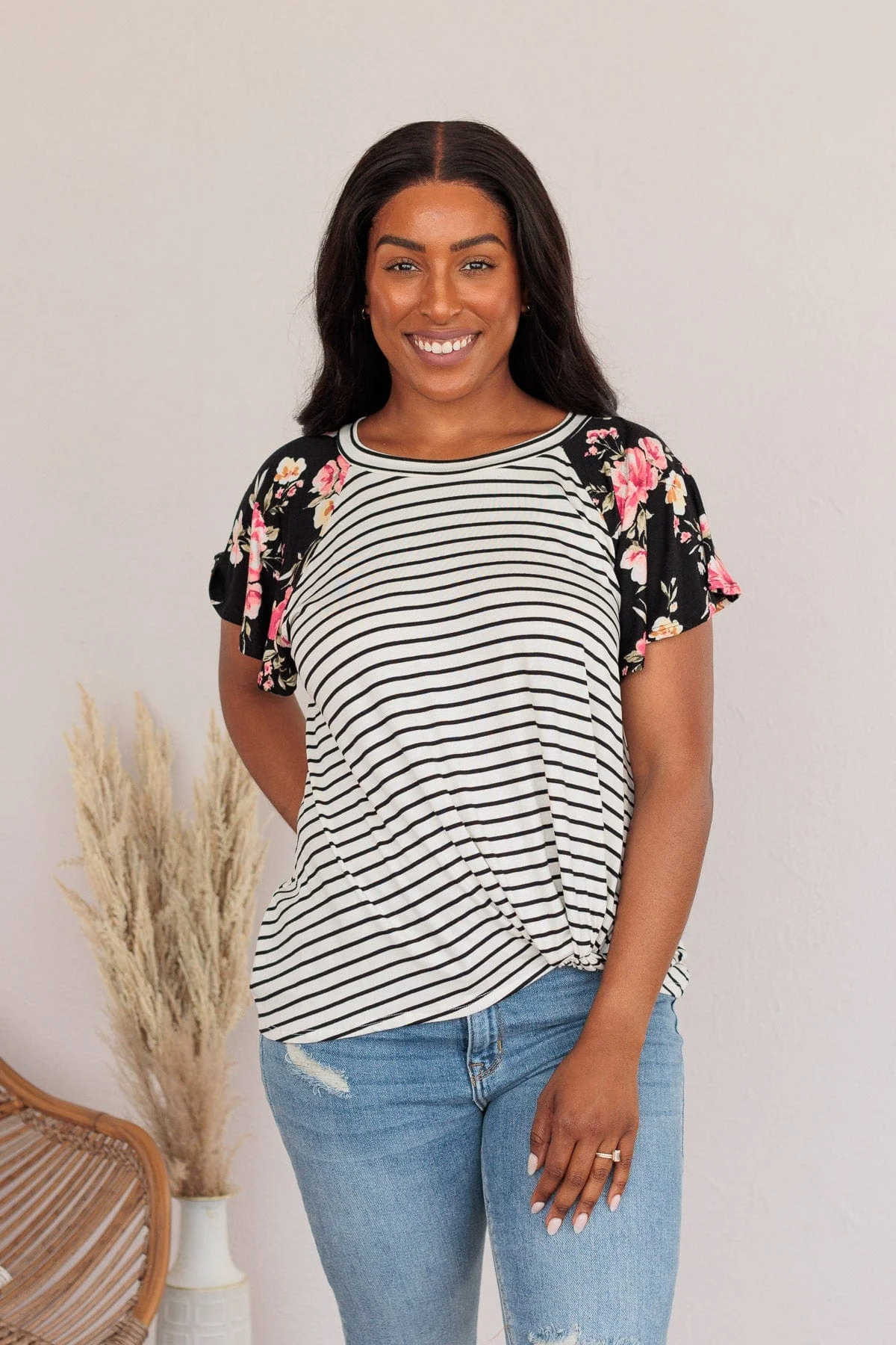 Complete The Look Striped Floral Top- Black - Image 6