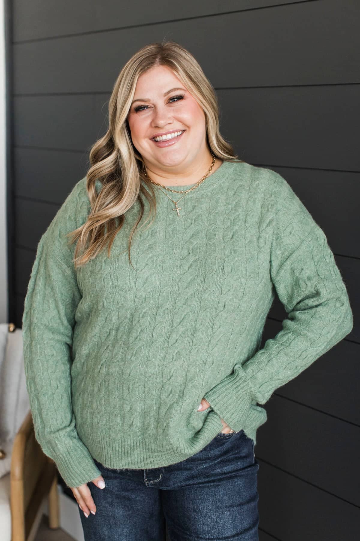 Completely Me Cable Knit Sweater- Dusty Sage - Image 3