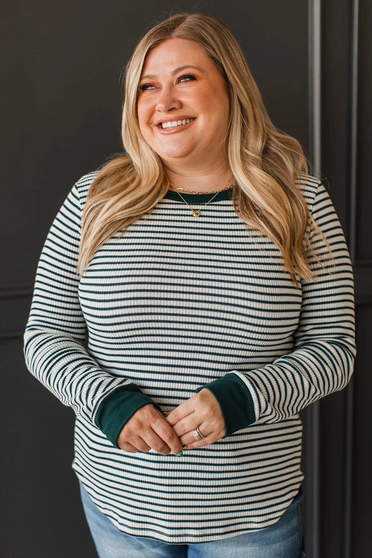 Completely Thriving Striped Top- Ivory & Hunter Green - Image 2