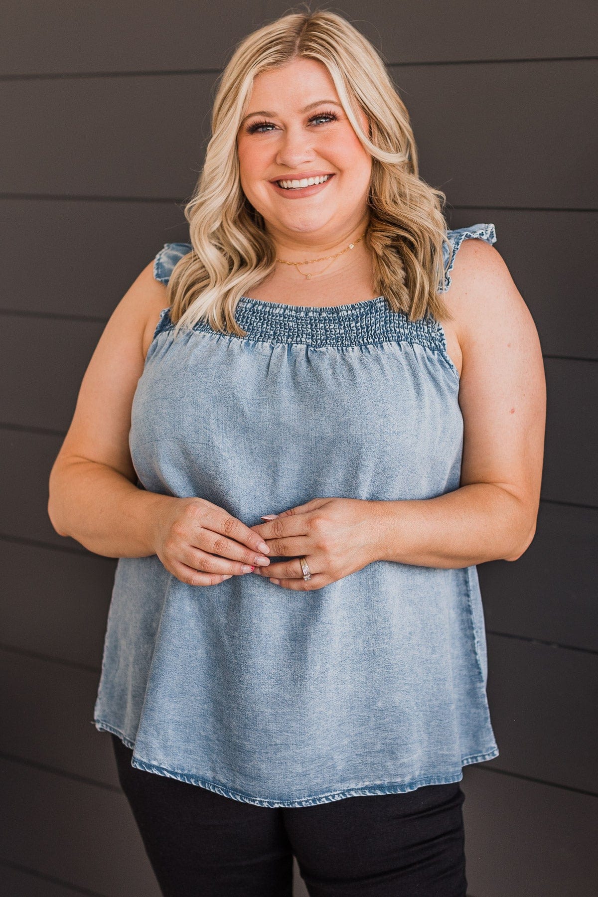 Loving Heart Smocked Tank Top- Light Denim - Image 2