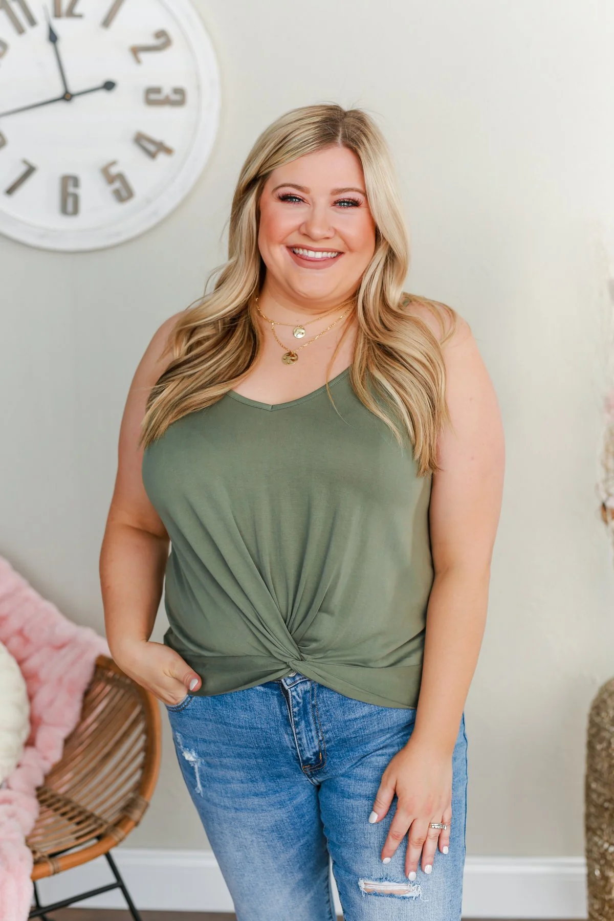 Confidence Is Key Twist Tank Top- Olive - Image 2