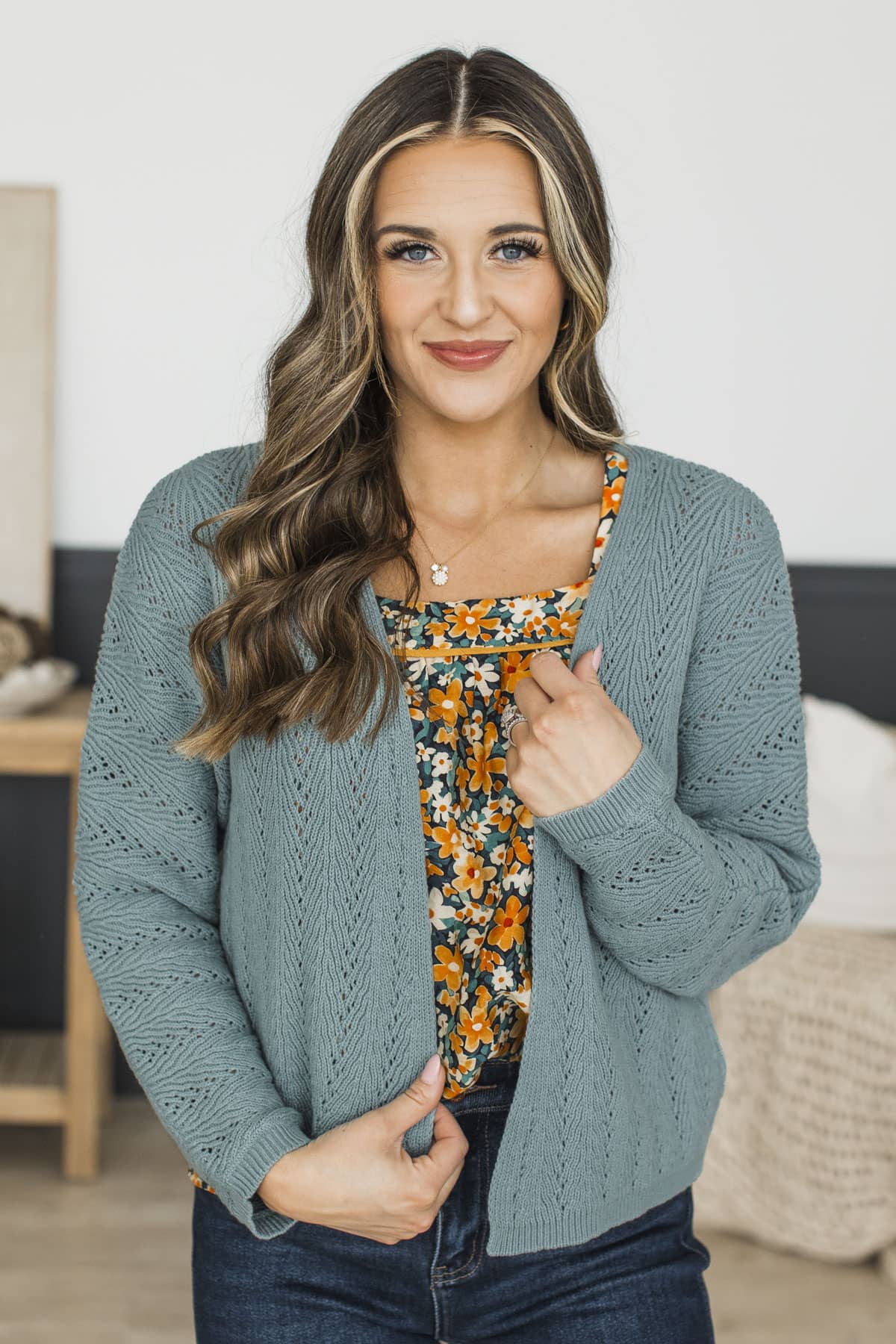 Confident Glow Crochet Knit Cardigan- Dusty Teal - Image 4