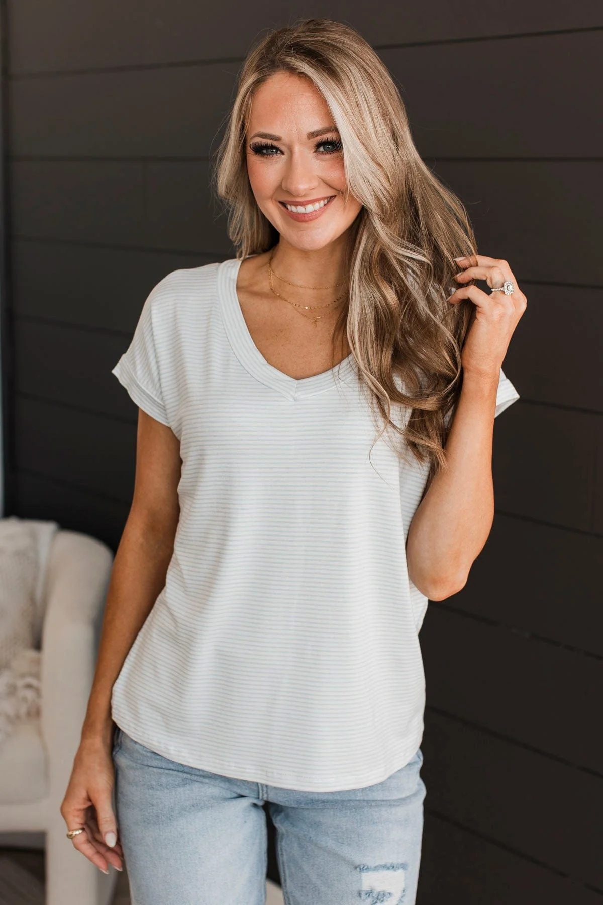 Confidently Me Striped Top- Ivory & Blue - Image 3