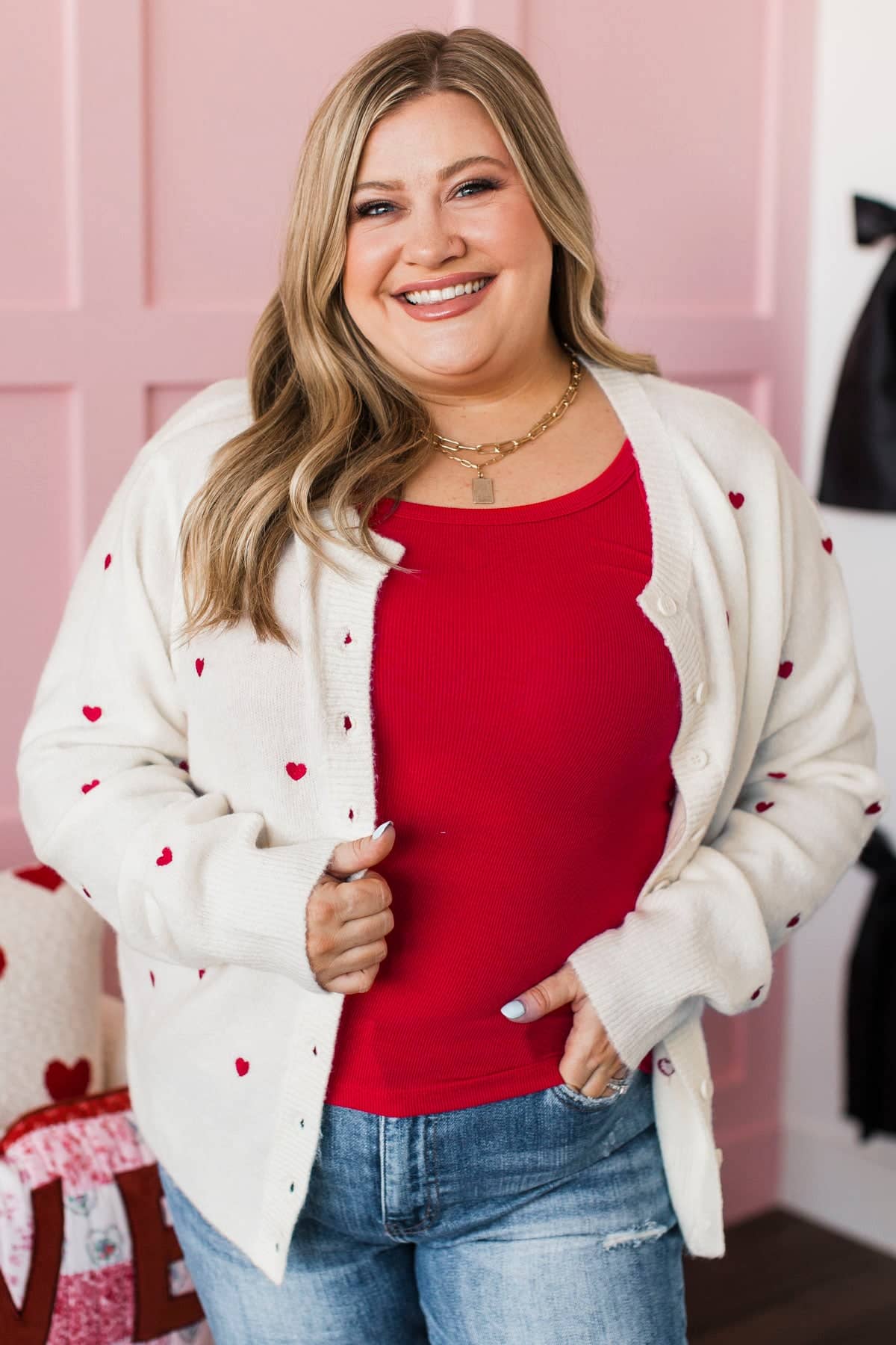 Connected Souls Heart Print Button Cardigan- Ivory