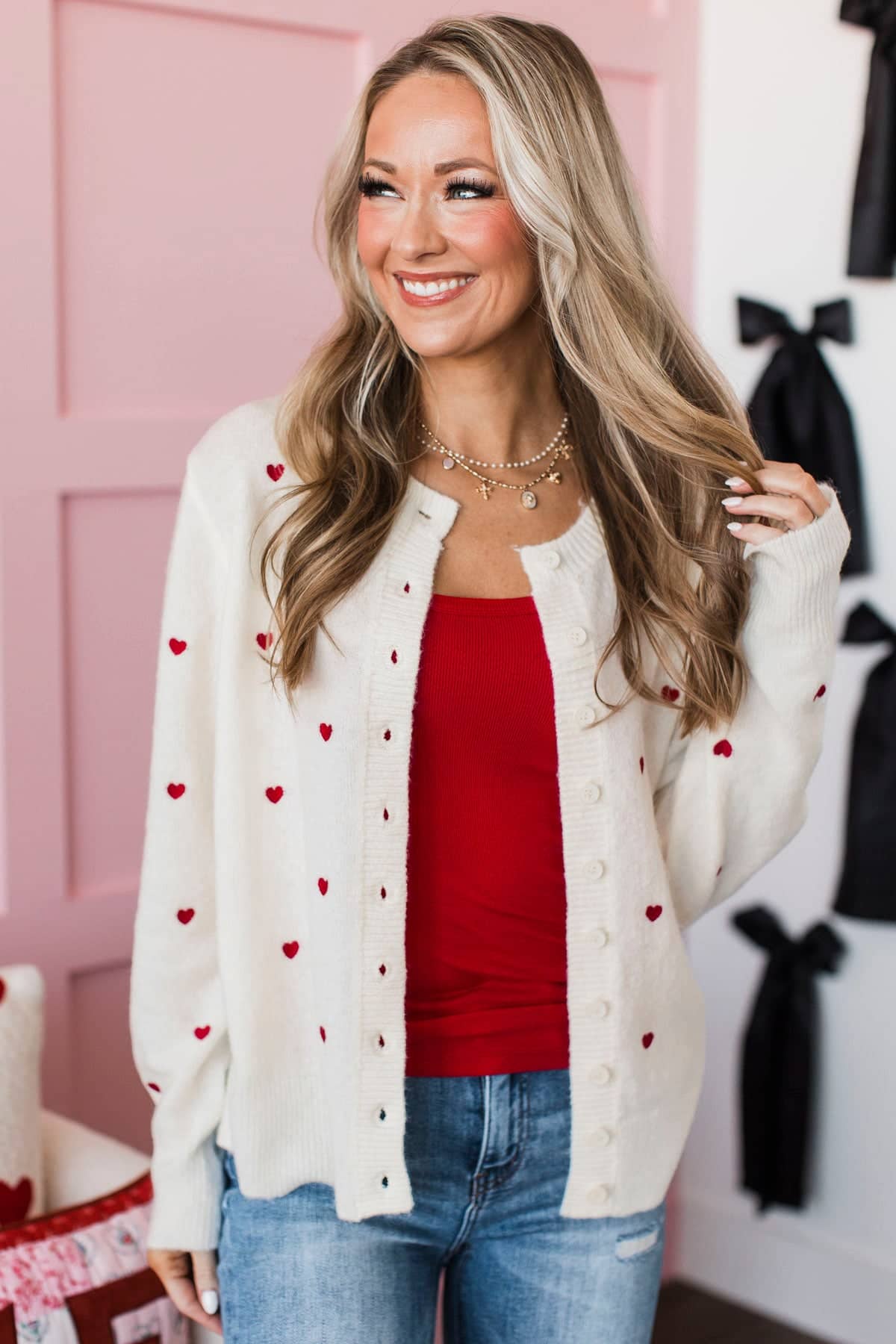 Connected Souls Heart Print Button Cardigan- Ivory - Image 4