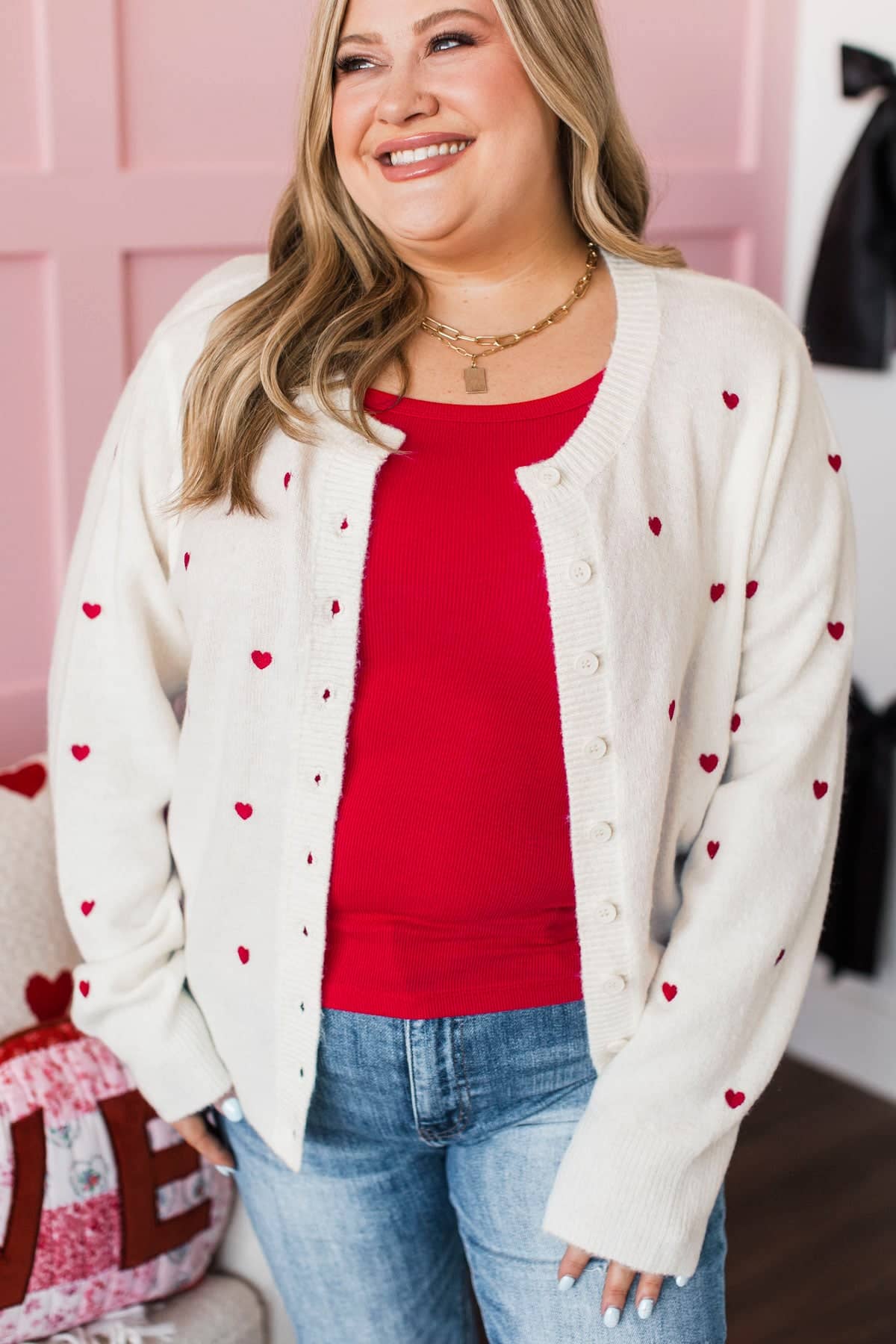 Connected Souls Heart Print Button Cardigan- Ivory - Image 5