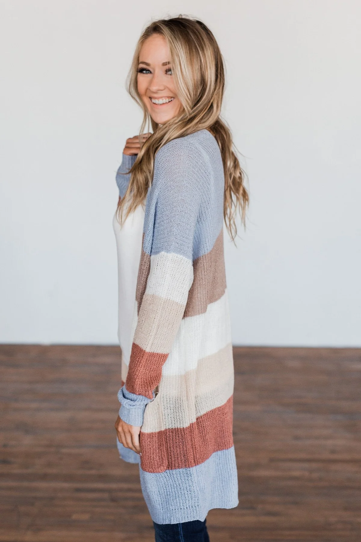 Conquer The World Color Block Cardigan- Mocha, Blue, Cognac - Image 2