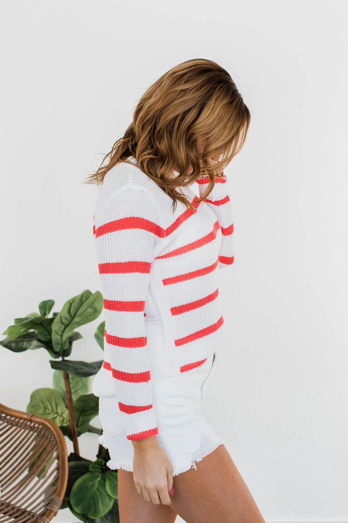 Cool Breezes Striped Sweater- Coral & Ivory - Image 8