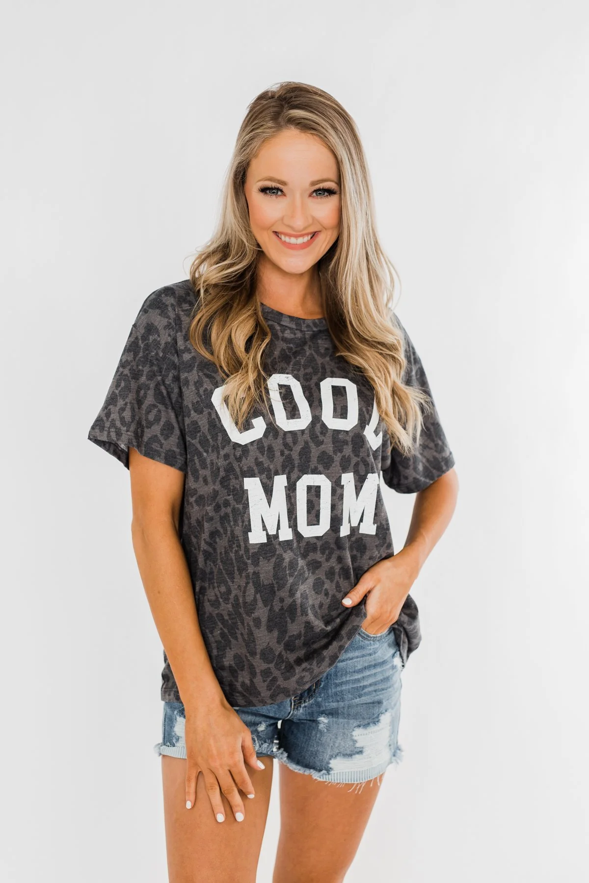 "Cool Mom" Leopard Graphic Top- Charcoal - Image 3