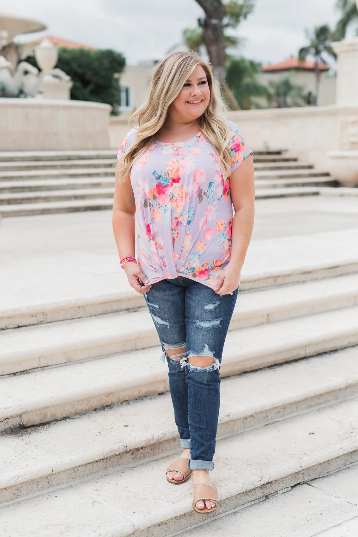 Coral Floral Knot Top- Lilac - Image 3
