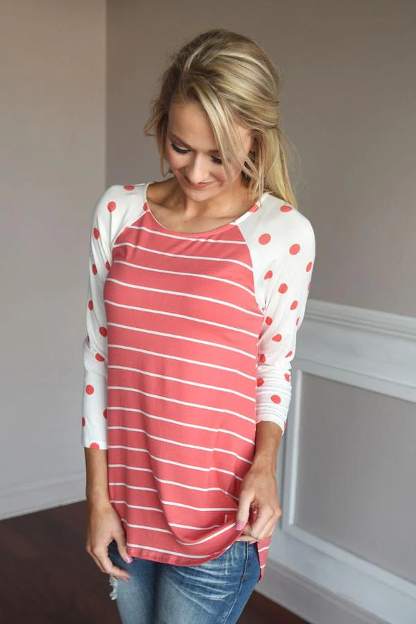 Coral Polka Dot & Stripes Top - Image 6