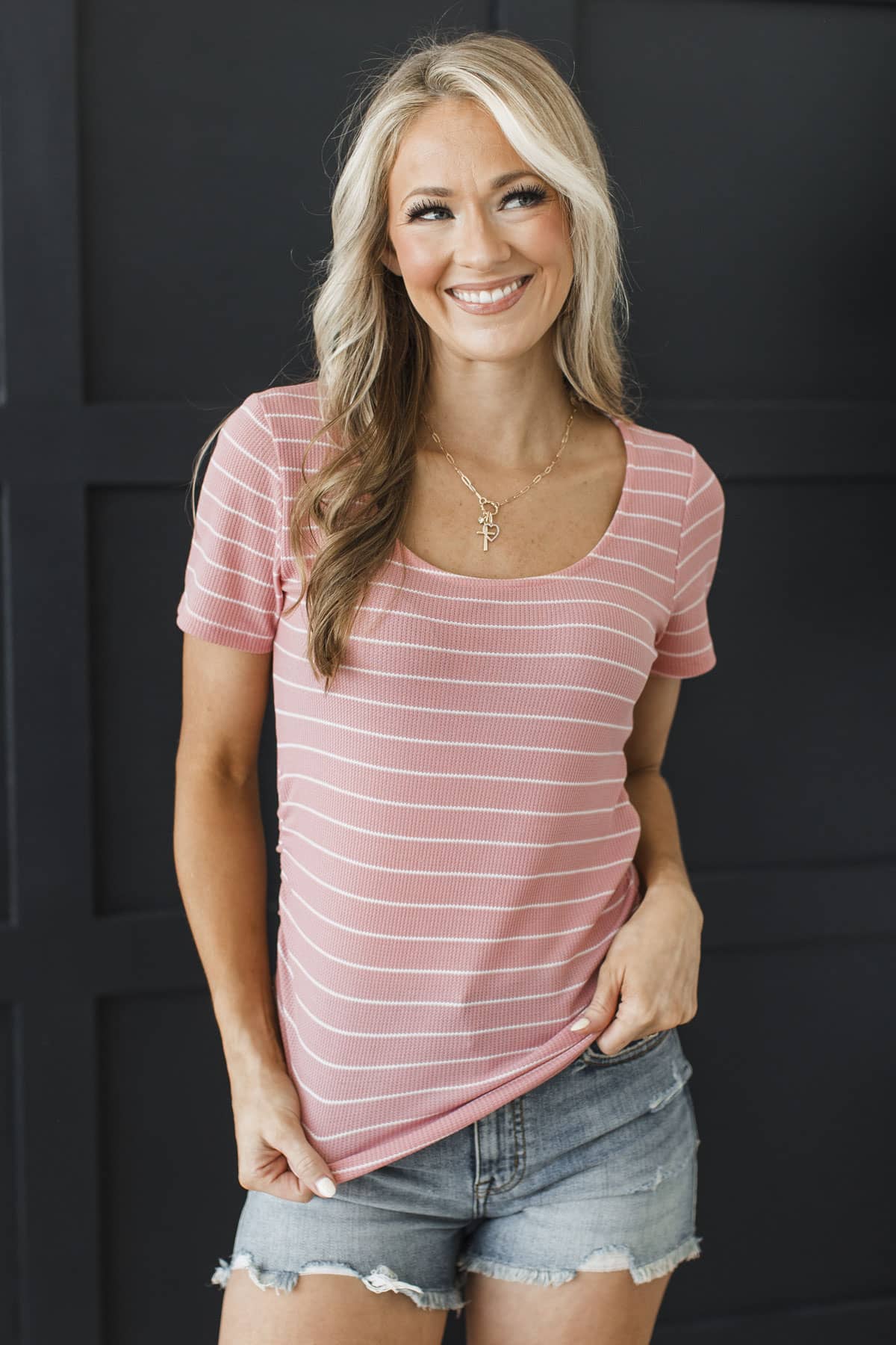 Count Your Blessings Short Sleeve Striped Top- Dusty Rose - Image 3