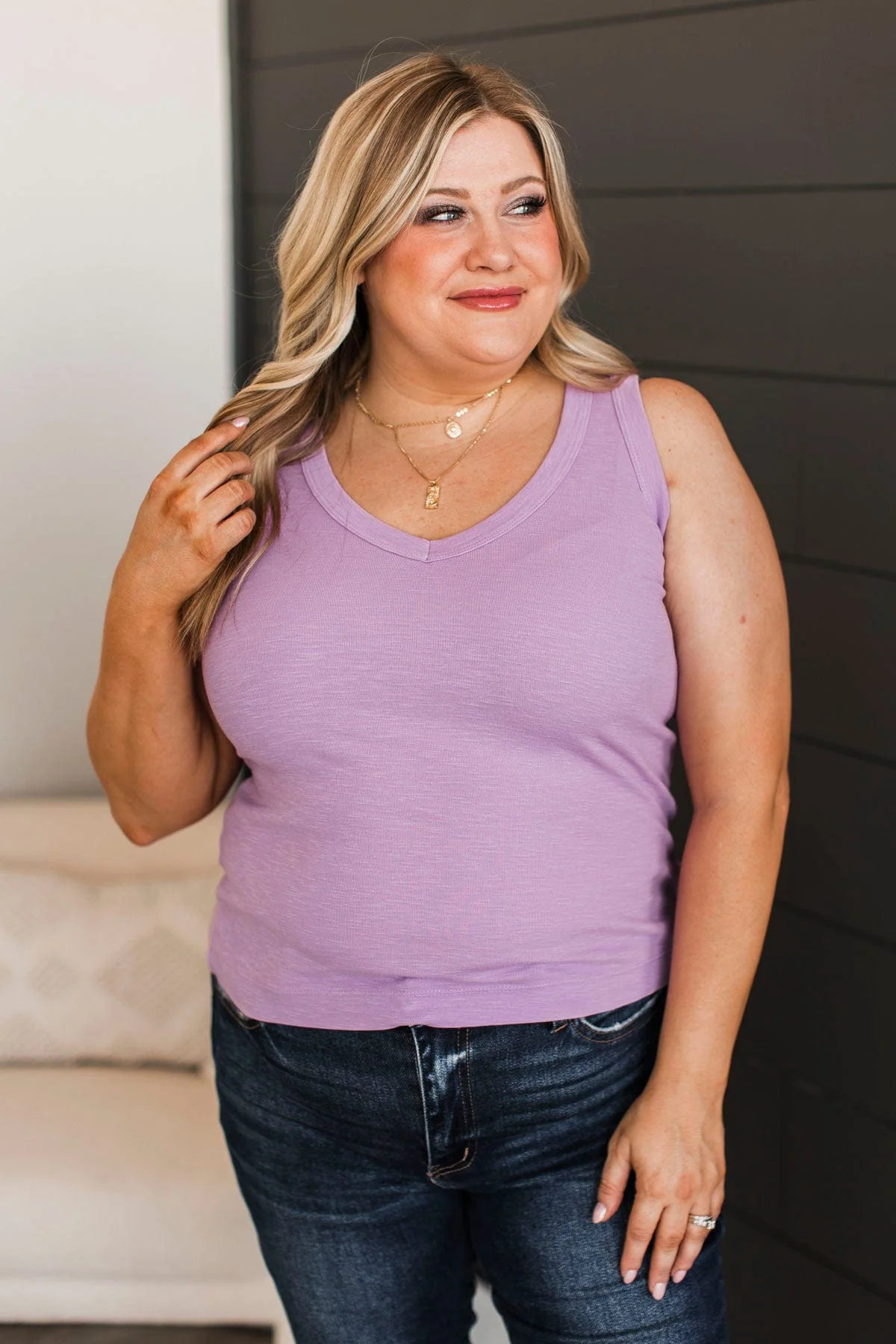 Counting Blessings V-Neck Tank Top- Lilac - Image 3