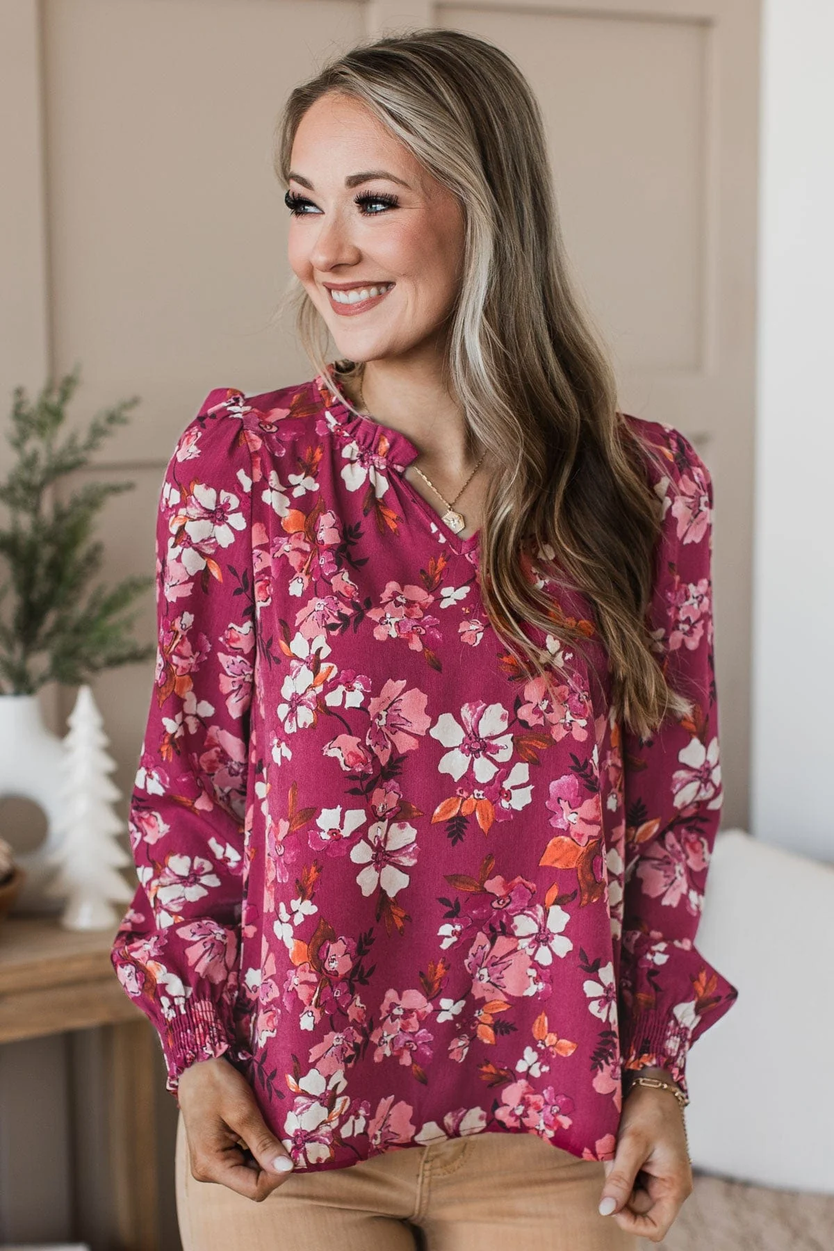 Counting On You Floral Blouse- Burgundy - Image 4