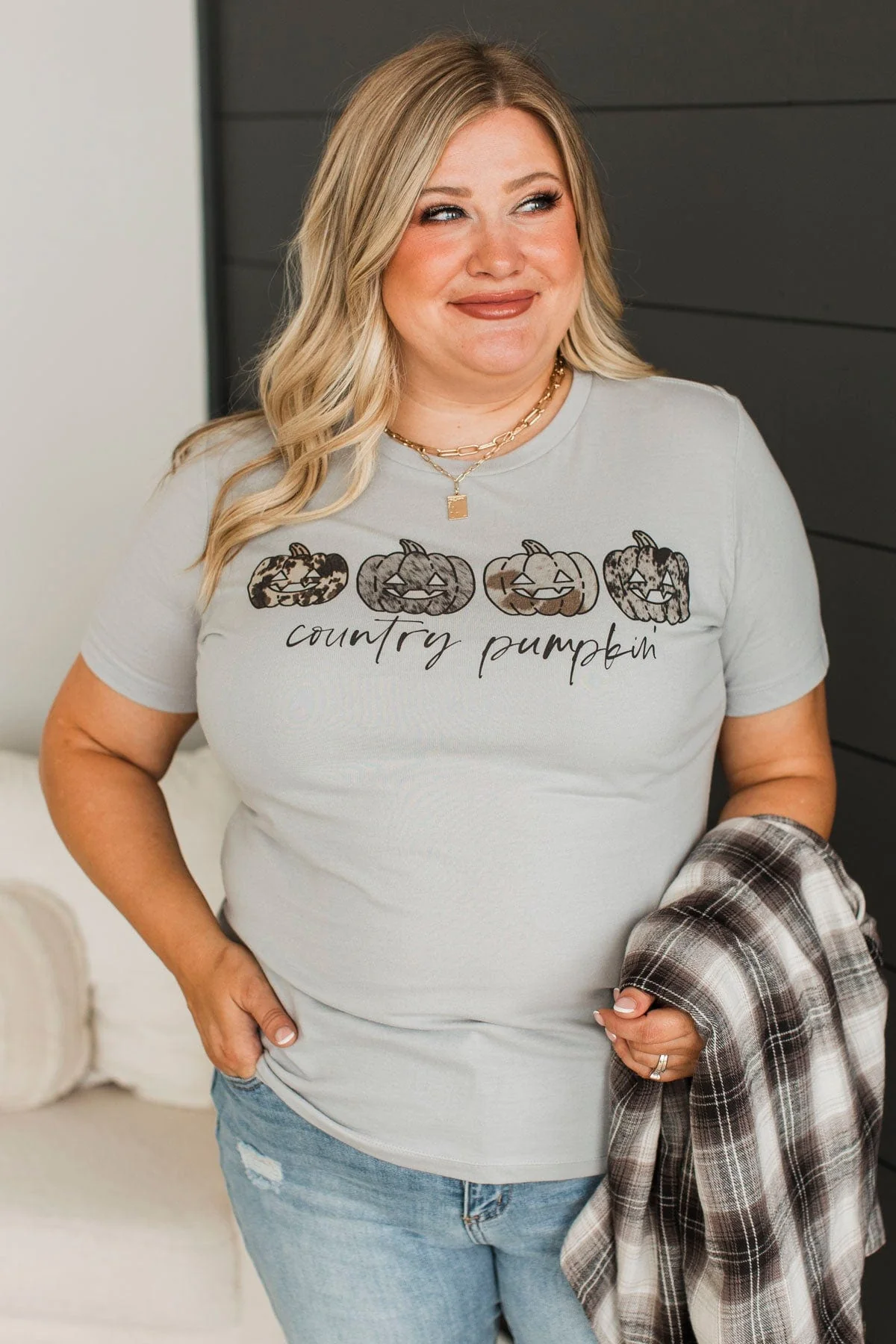 "Country Pumpkin" Graphic Tee- Grey - Image 3